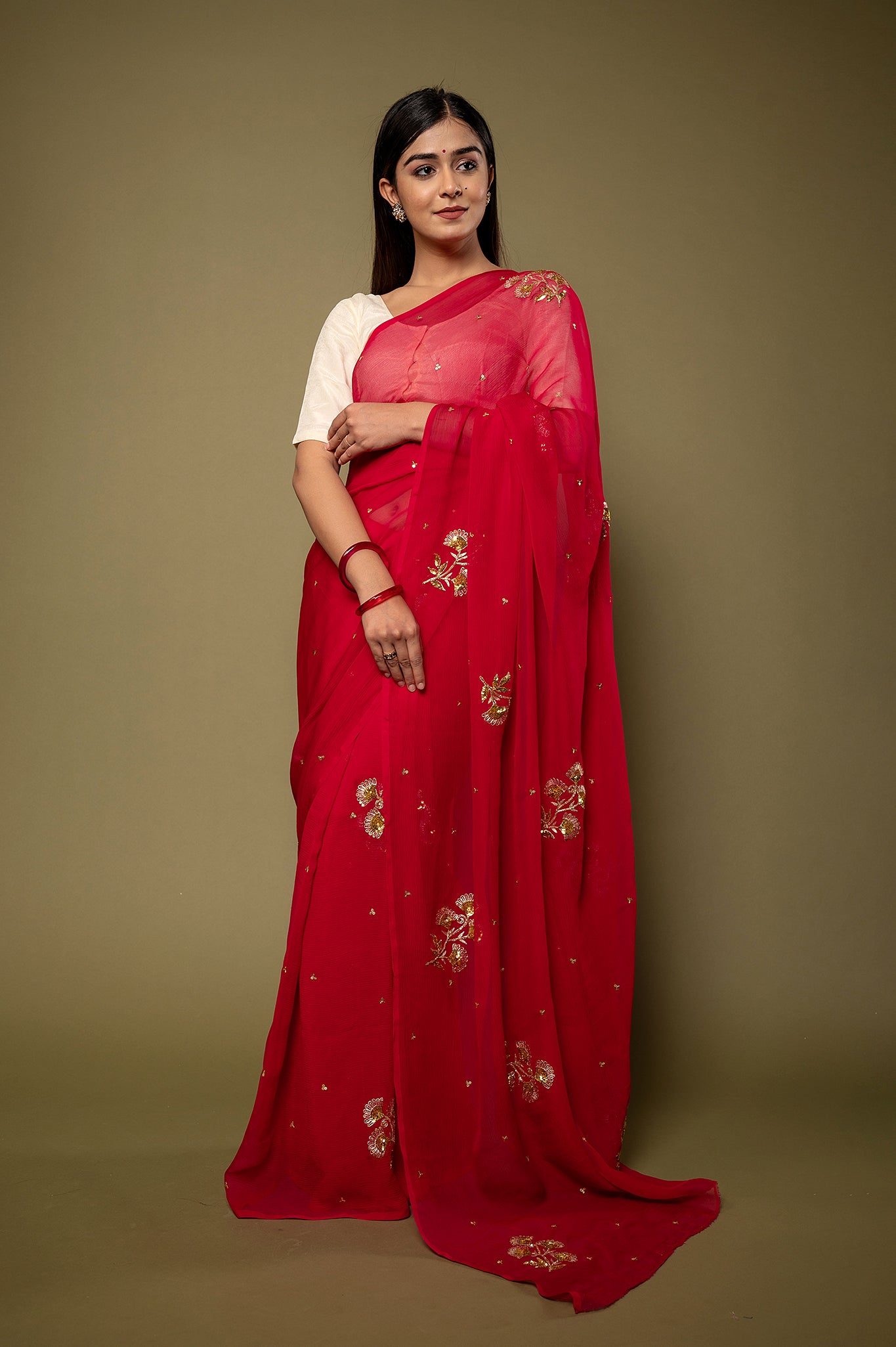 Red viscose chiffon aari sequins motif handwork casual wear saree