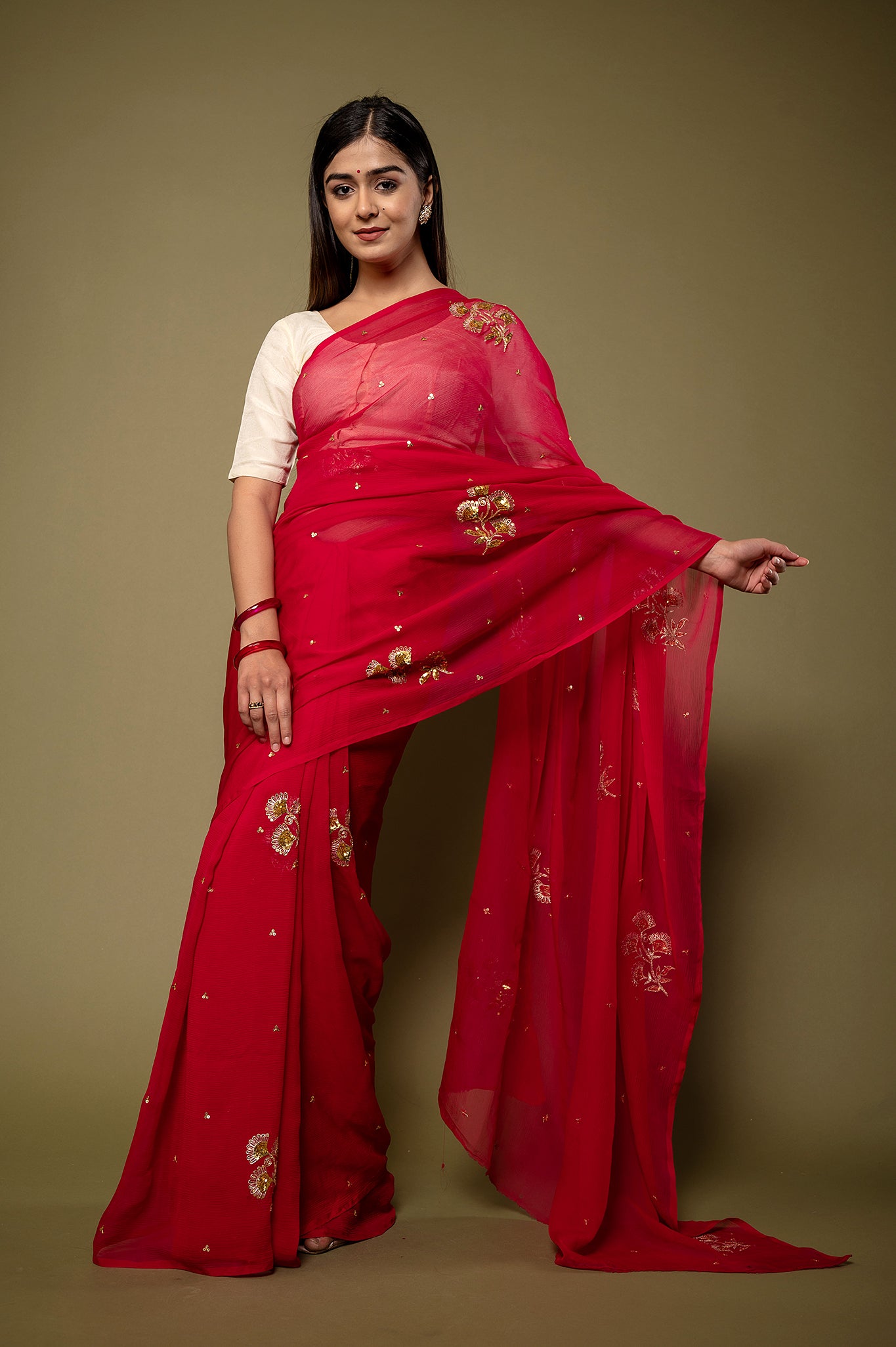Red viscose chiffon aari sequins motif handwork casual wear saree
