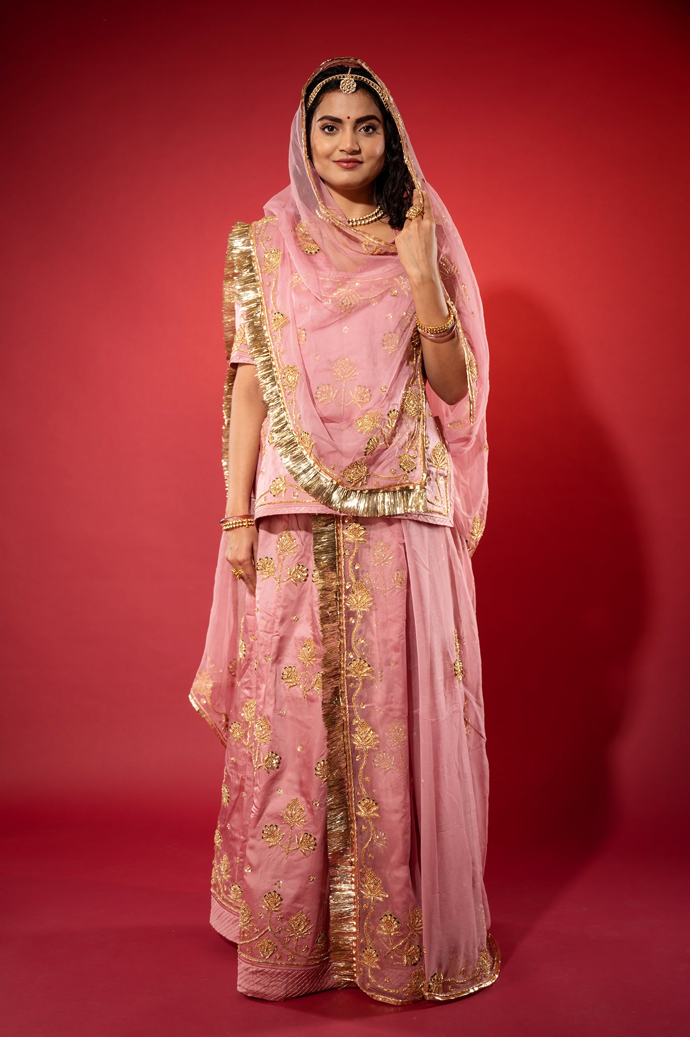 pink bamber satin zardozi handwork rajputi Poshak  with Pure odhna