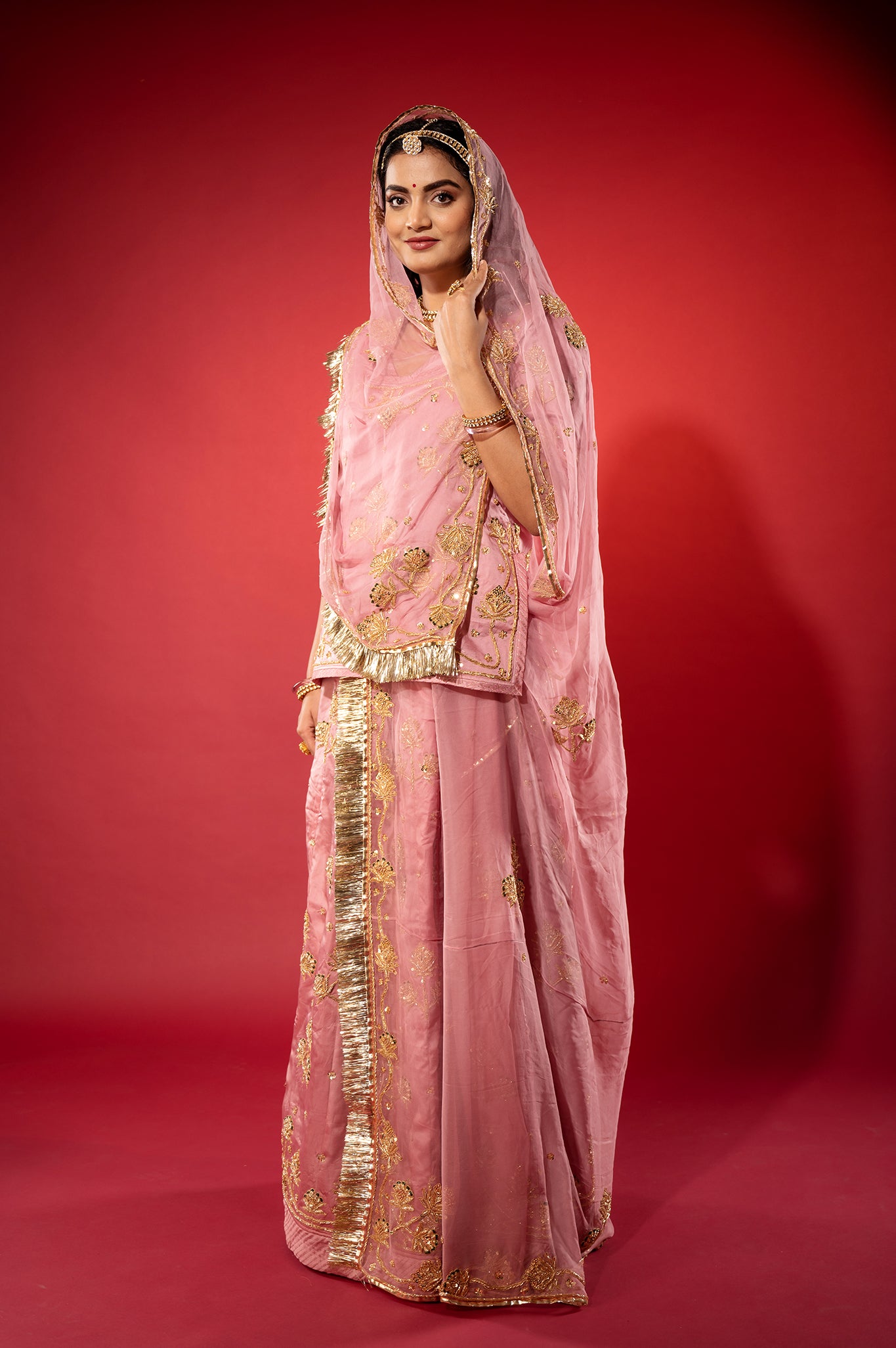 pink bamber satin zardozi handwork rajputi Poshak  with Pure odhna