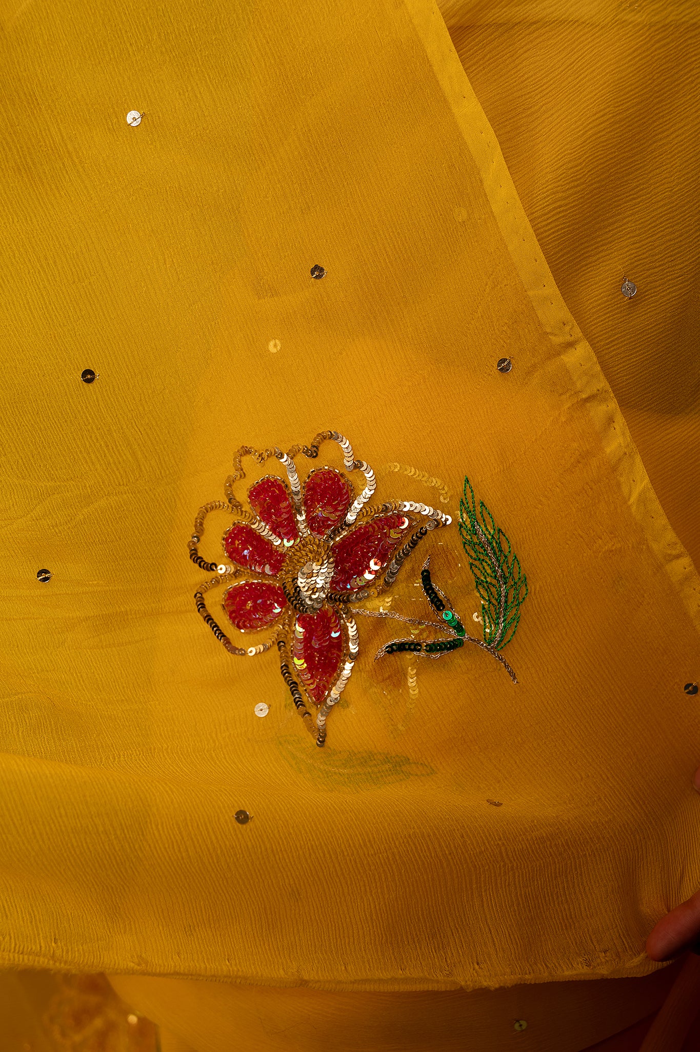 Yellow viscose chiffon sequins resham motif handwork party wear saree