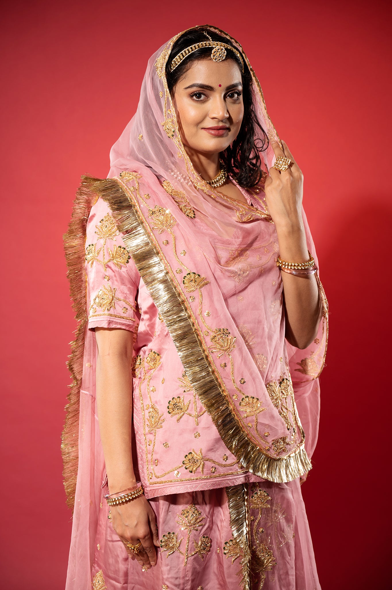 pink bamber satin zardozi handwork rajputi Poshak  with Pure odhna