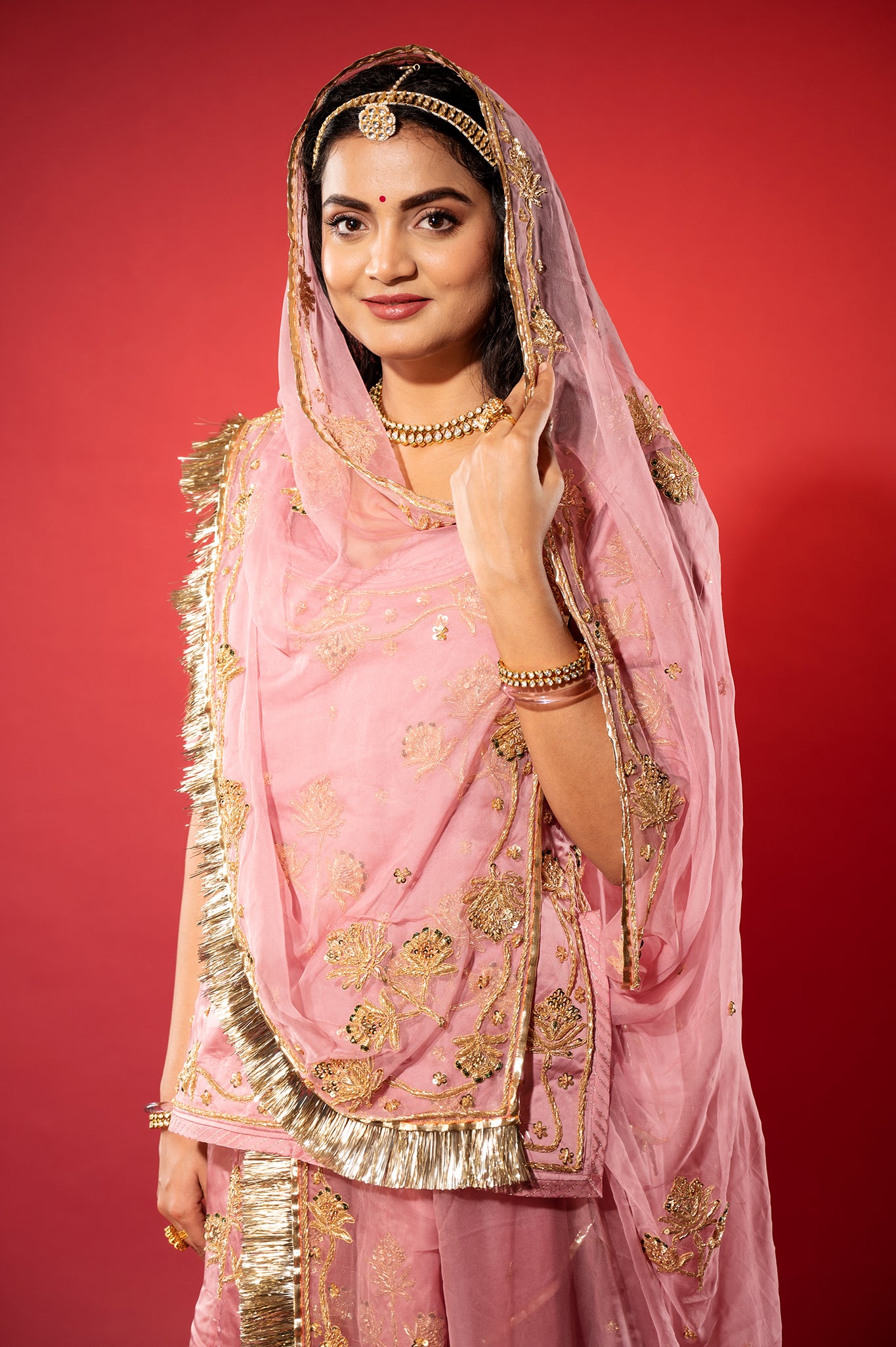 pink bamber satin zardozi handwork rajputi Poshak  with Pure odhna