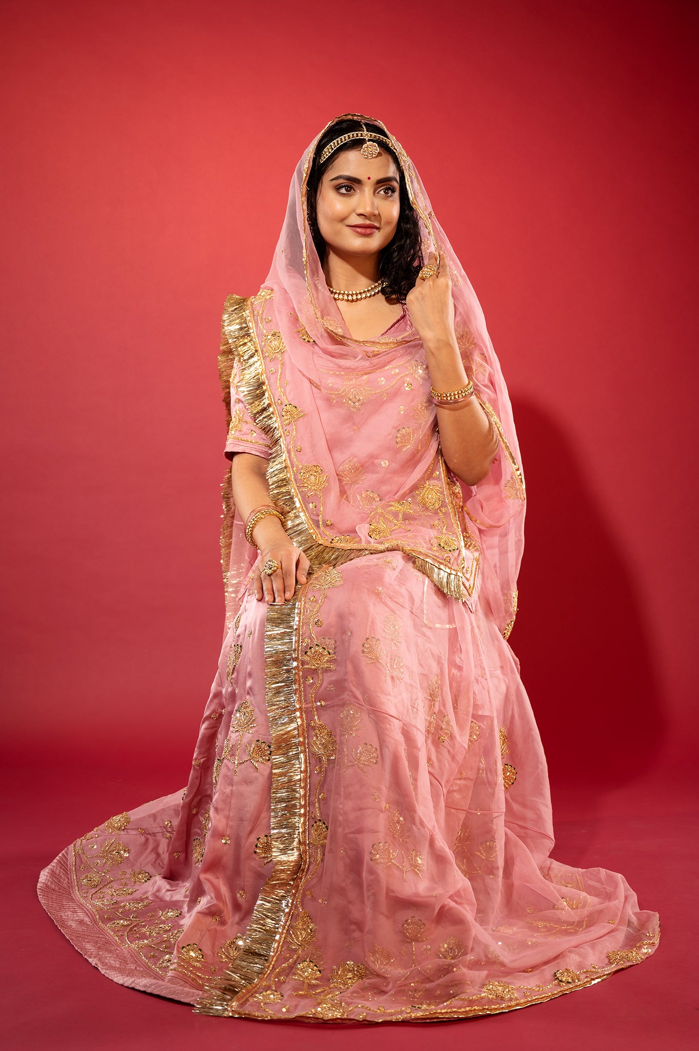 pink bamber satin zardozi handwork rajputi Poshak  with Pure odhna