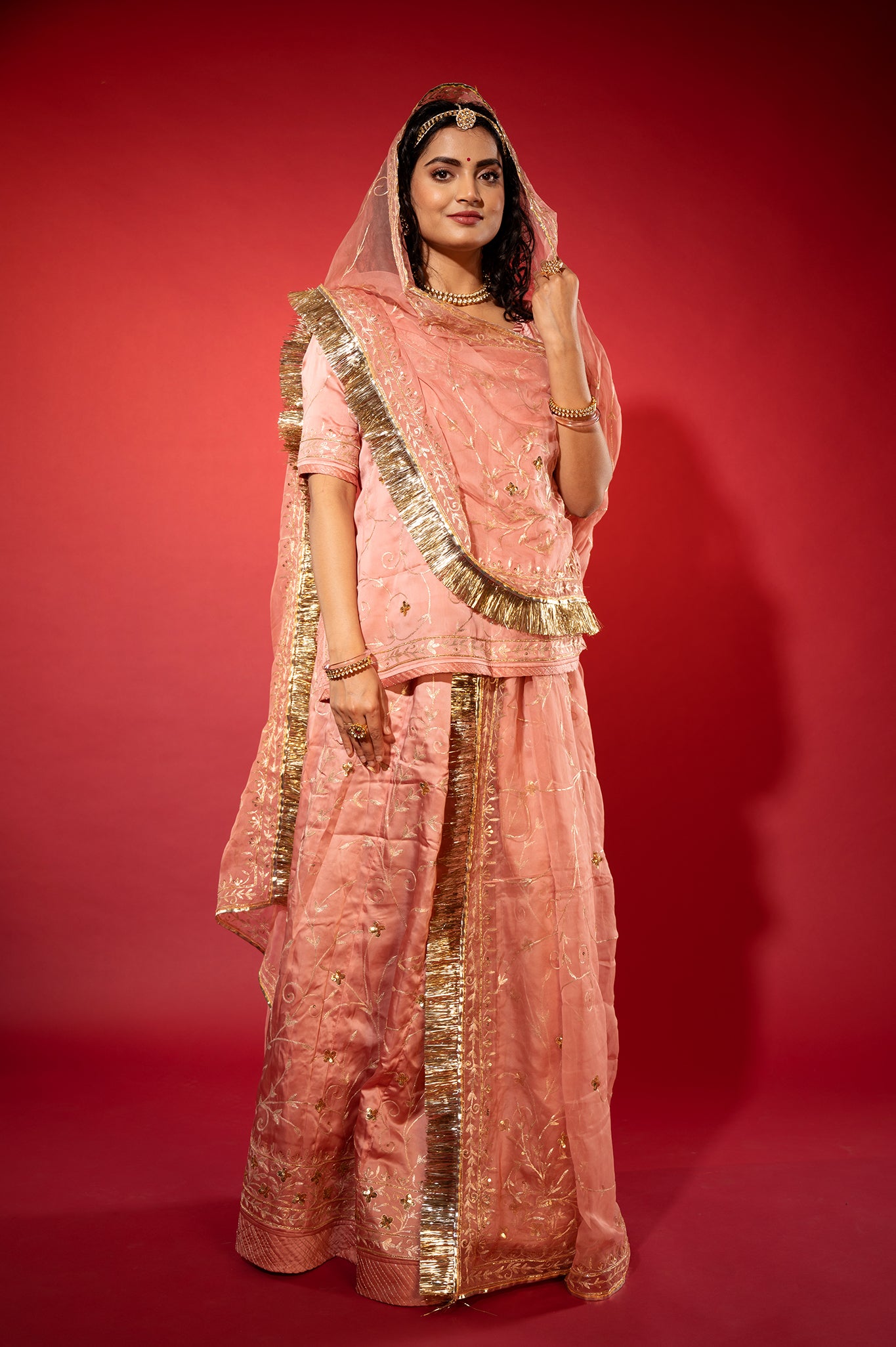 light peach bamber satin aari zardozi handwork rajputi Poshak  with Pure odhna