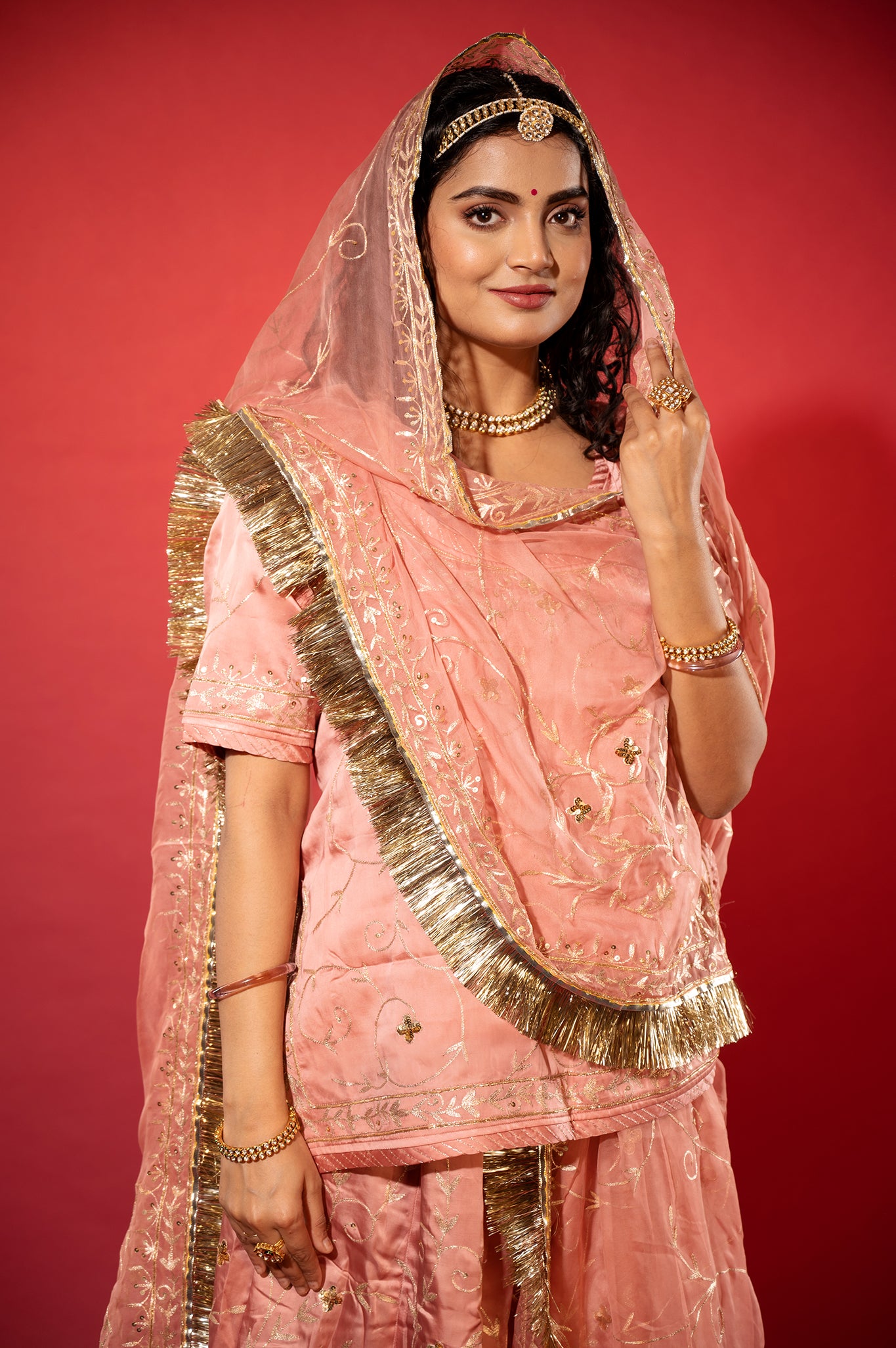 light peach bamber satin aari zardozi handwork rajputi Poshak  with Pure odhna