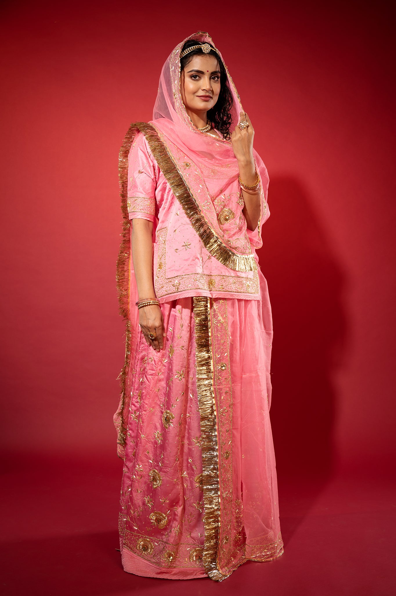 Pink bamber satin zardozi handwork rajputi Poshak  with Pure odhna