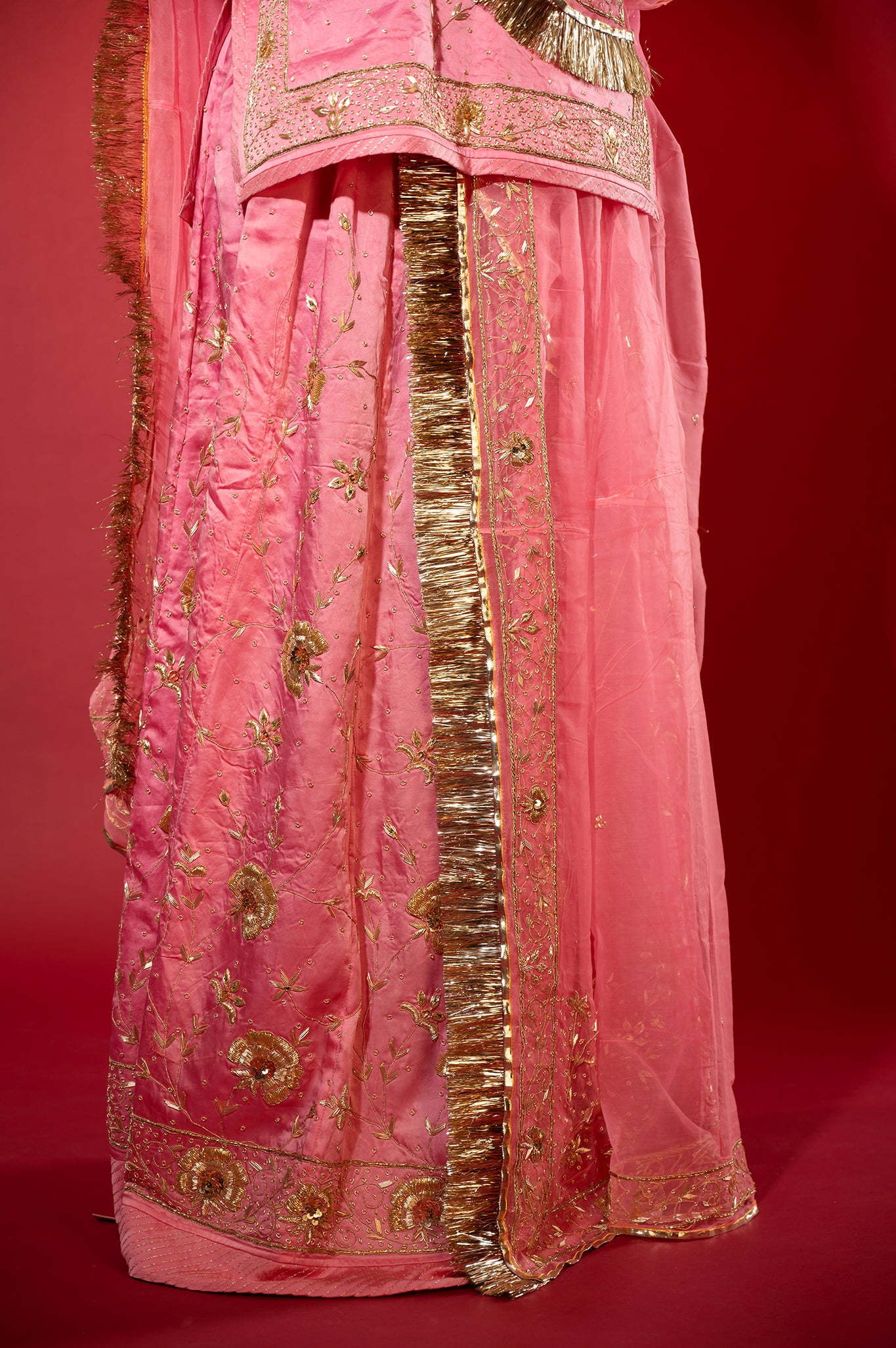 Pink bamber satin zardozi handwork rajputi Poshak  with Pure odhna