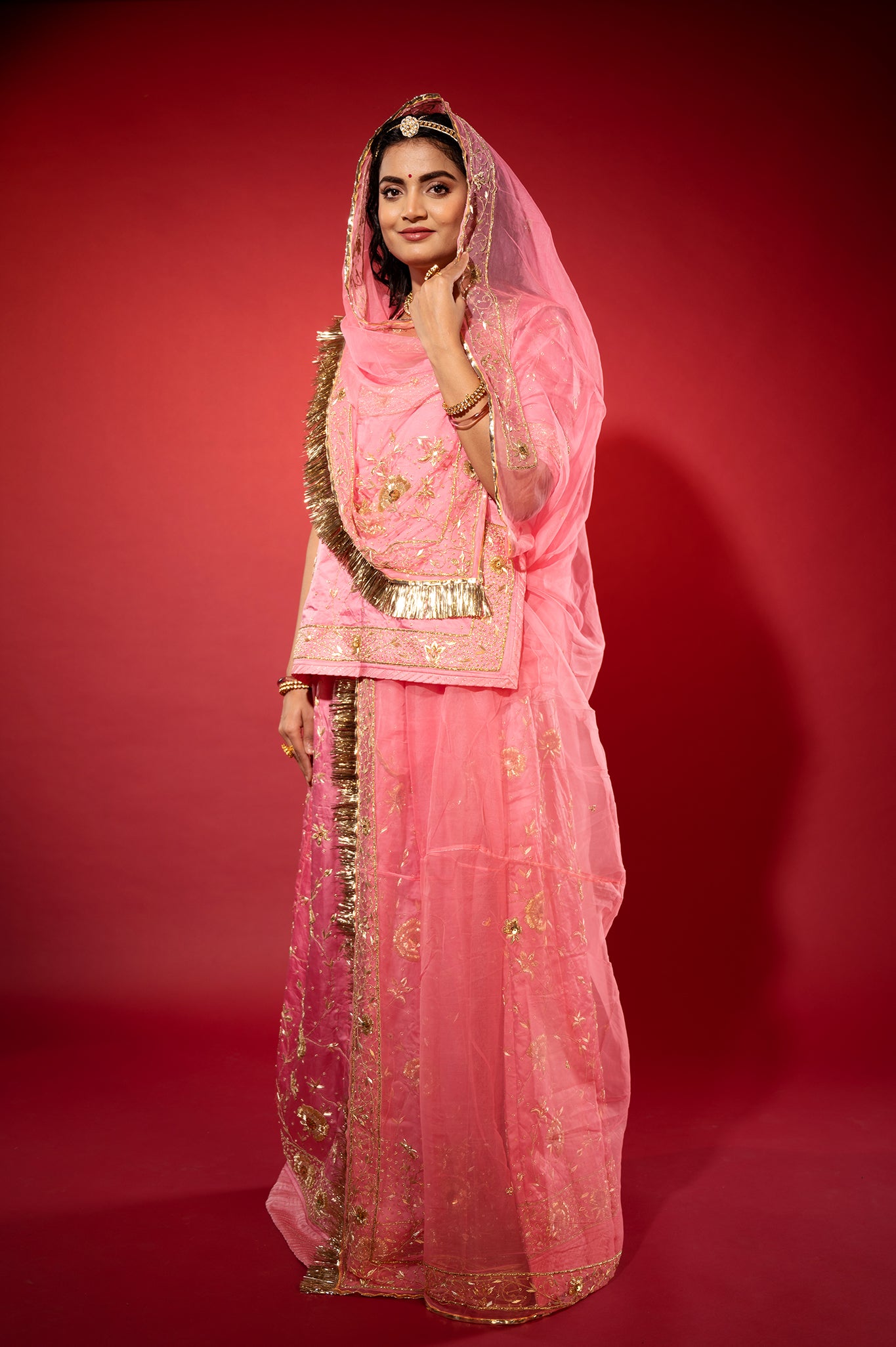 Pink bamber satin zardozi handwork rajputi Poshak  with Pure odhna