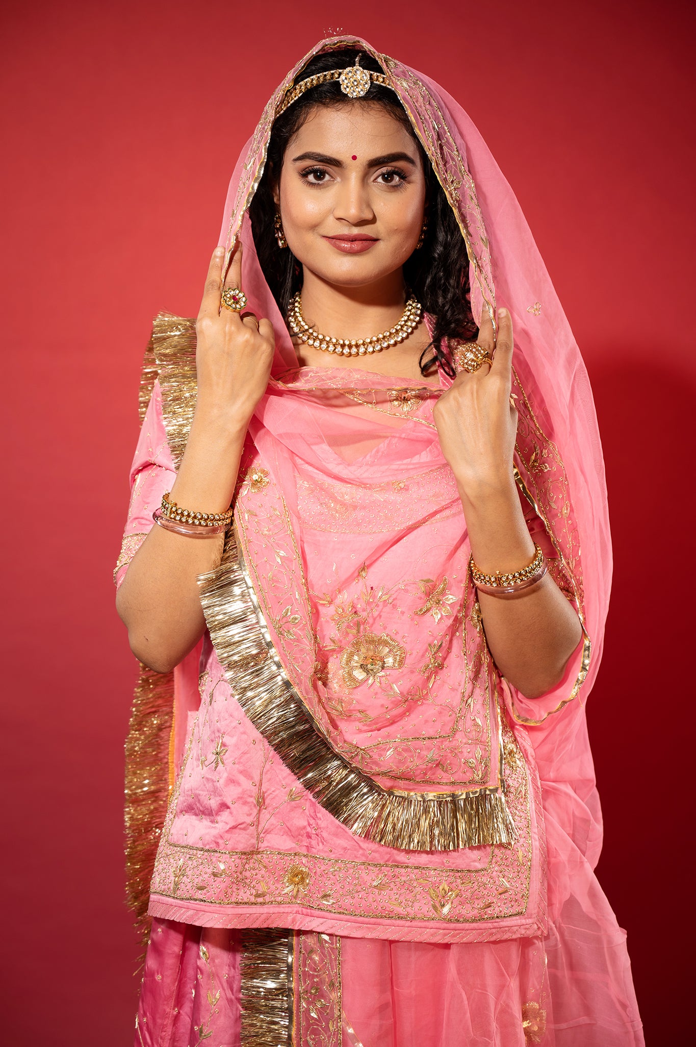 Pink bamber satin zardozi handwork rajputi Poshak  with Pure odhna