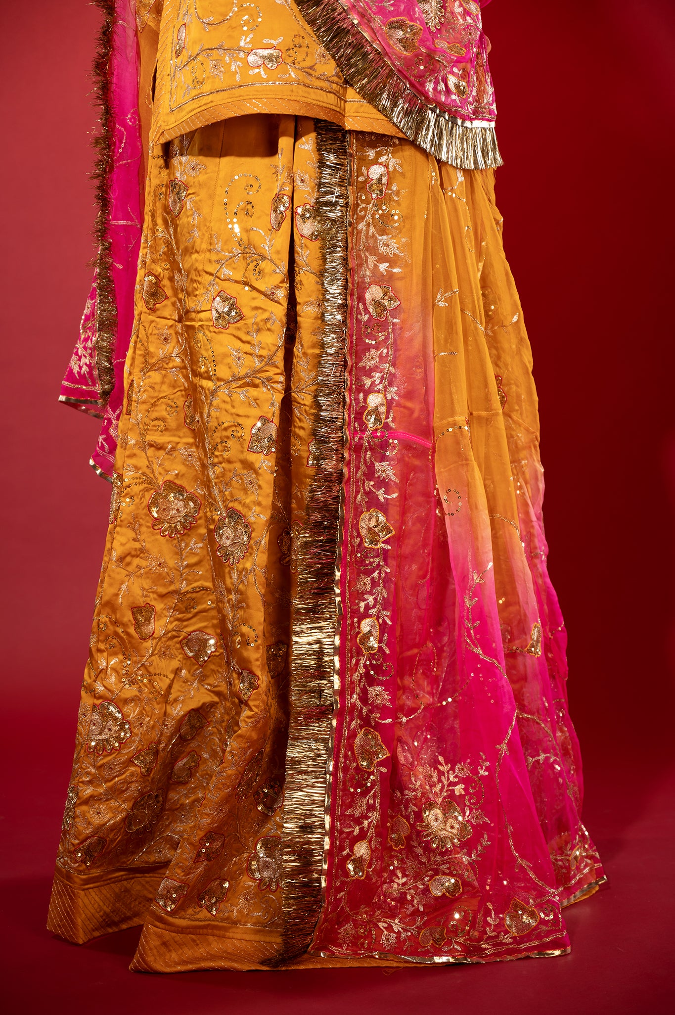 kesariya yellow bamber satin aari zardozi handwork rajputi Poshak  with Pure odhna