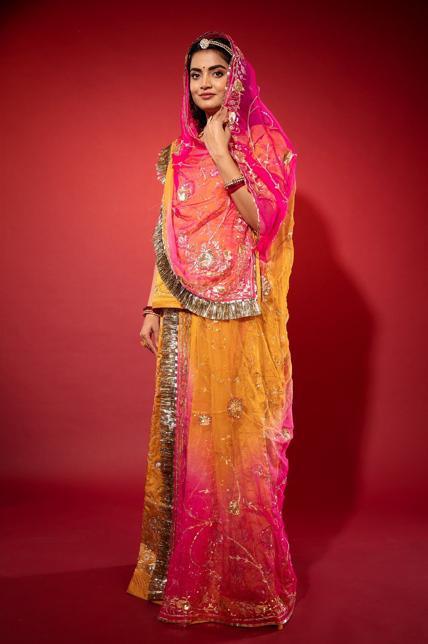 kesariya yellow bamber satin aari zardozi handwork rajputi Poshak  with Pure odhna