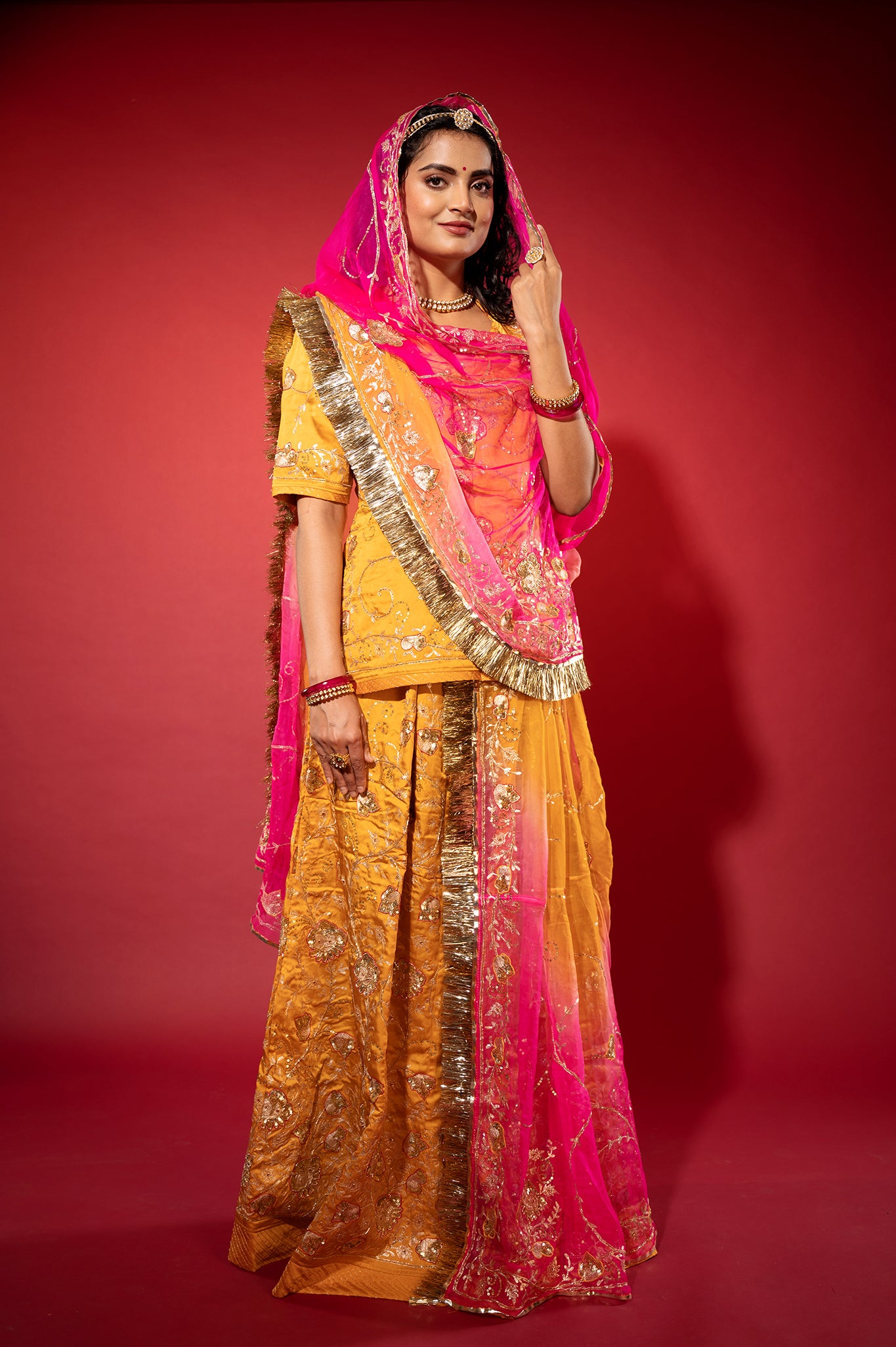 kesariya yellow bamber satin aari zardozi handwork rajputi Poshak  with Pure odhna