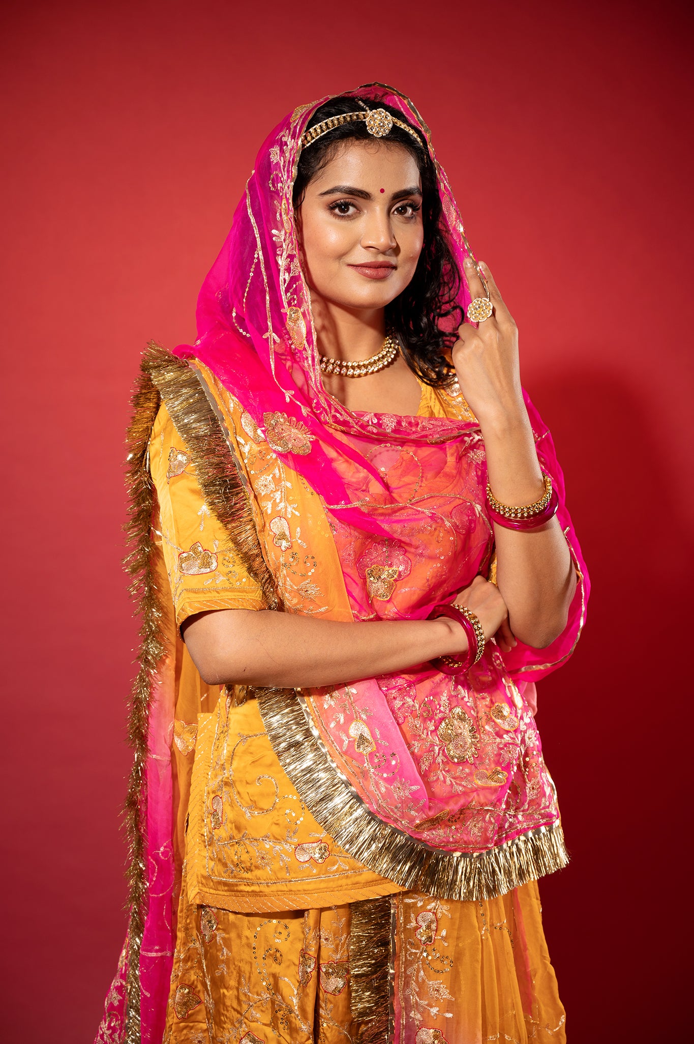 kesariya yellow bamber satin aari zardozi handwork rajputi Poshak  with Pure odhna