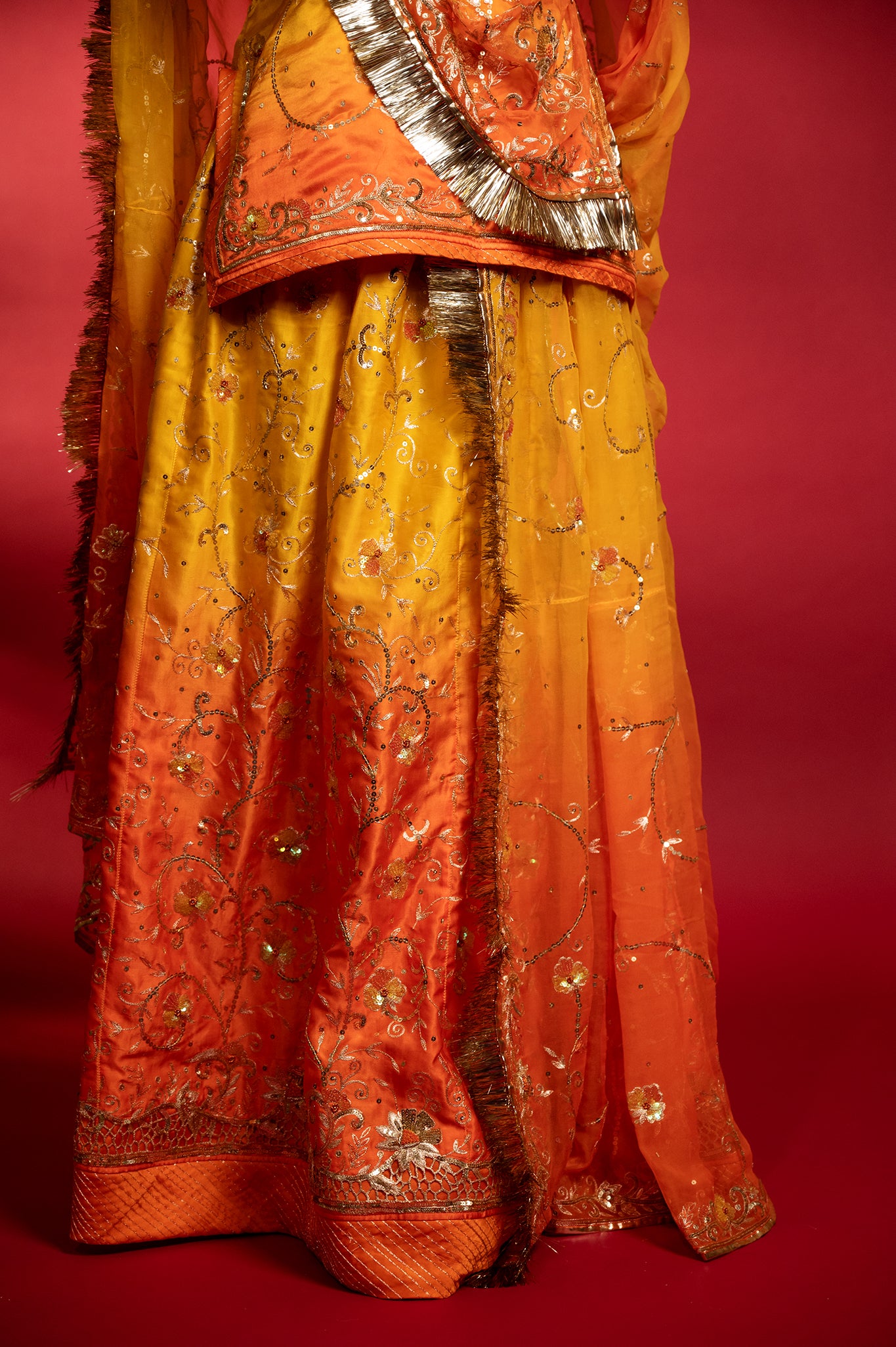 orange yellow   Pure Silk Satin Aari sequins handwork rajputi Poshak  with Pure odhna