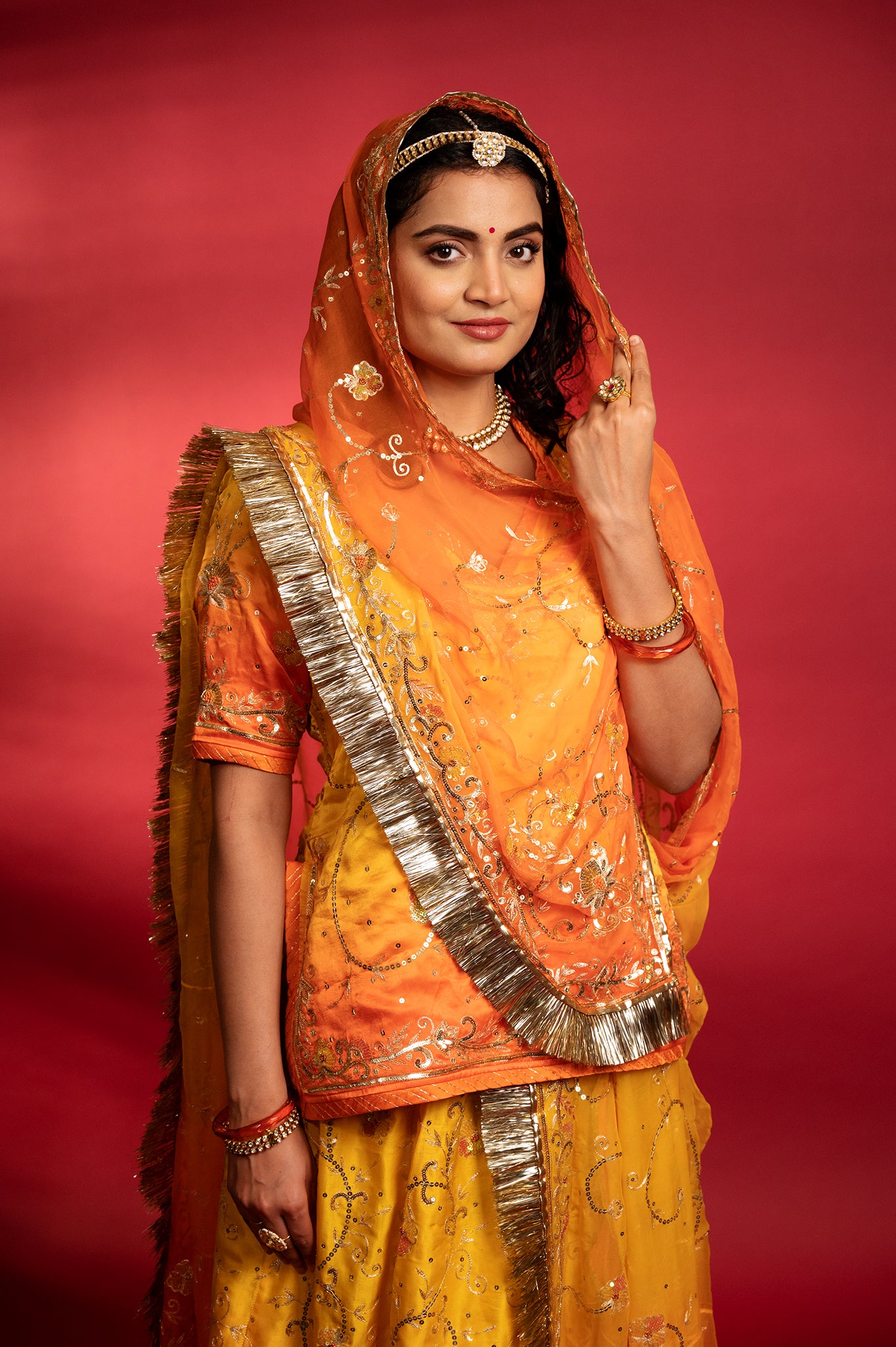 orange yellow   Pure Silk Satin Aari sequins handwork rajputi Poshak  with Pure odhna