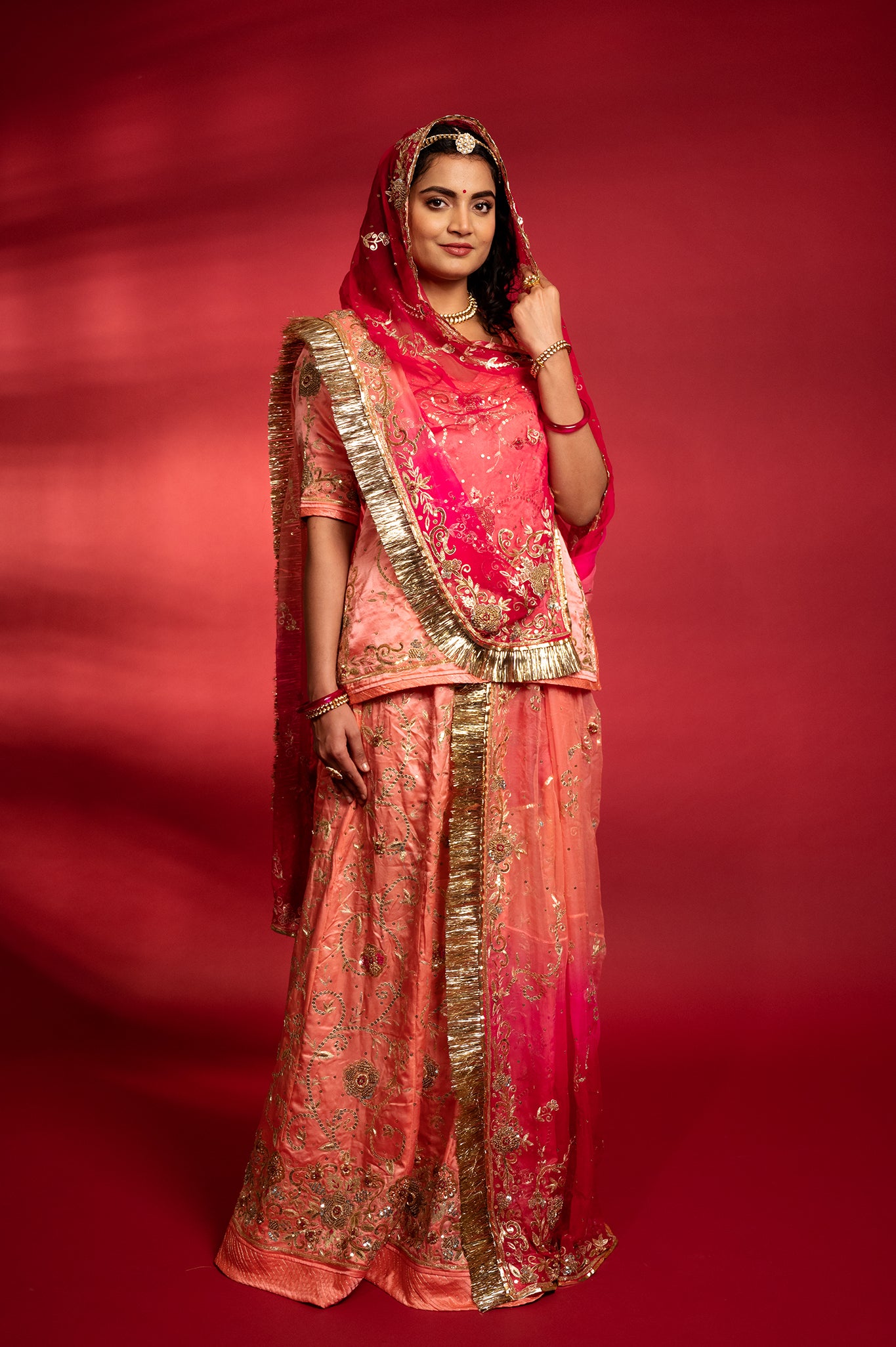 Peach bamber satin aari sequins  handwork Rajputi Poshak  with Pure odhna