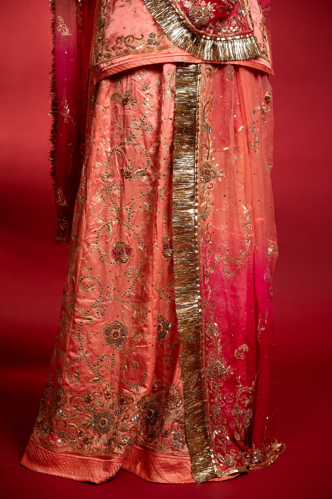Peach bamber satin aari sequins  handwork Rajputi Poshak  with Pure odhna
