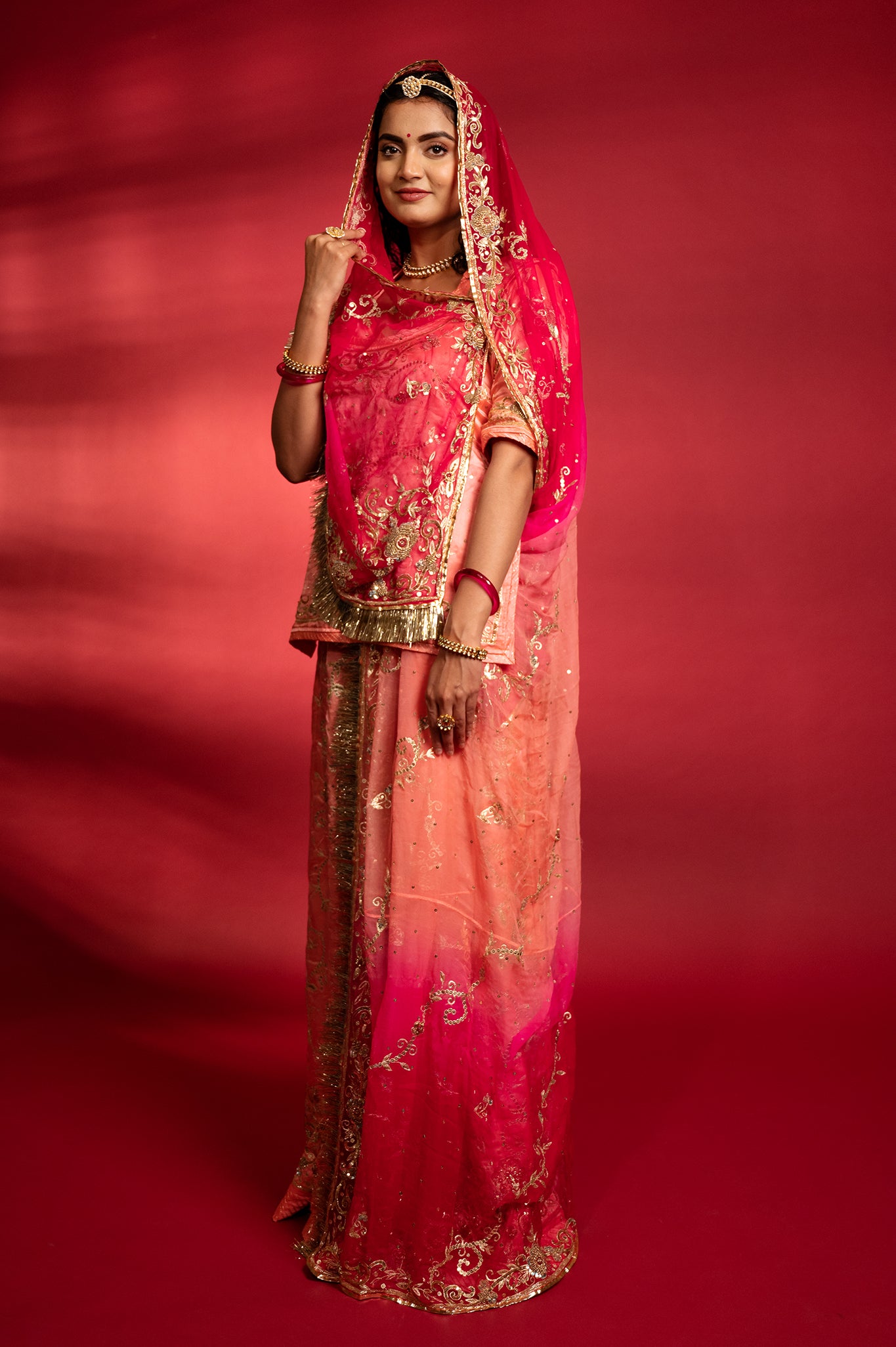 Peach bamber satin aari sequins  handwork Rajputi Poshak  with Pure odhna