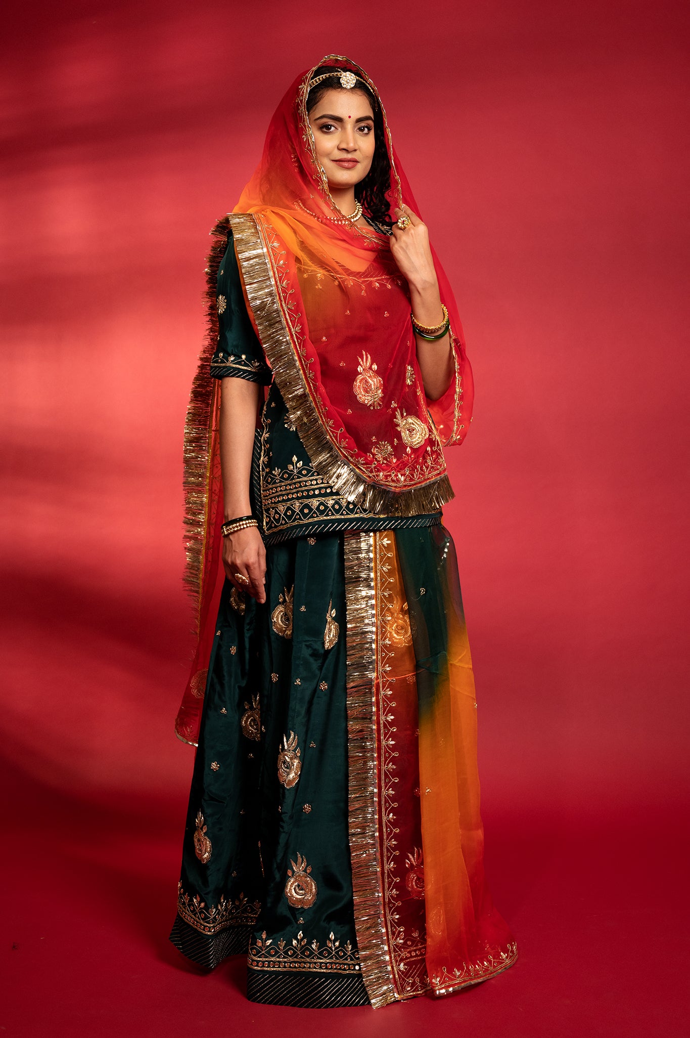 bottle green bamber satin aari zardozi handwork Rajputi Poshak  with Pure odhna