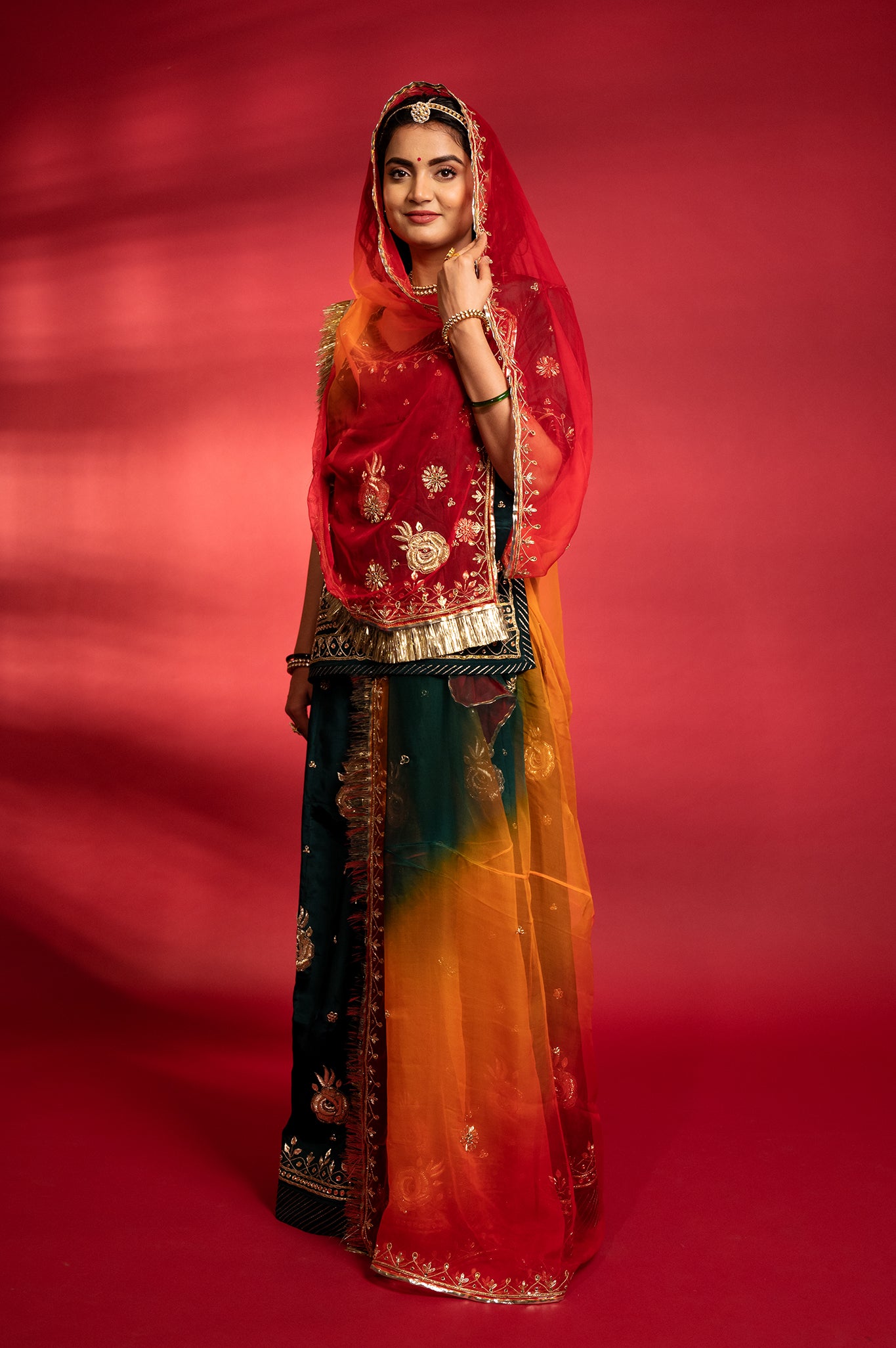 bottle green bamber satin aari zardozi handwork Rajputi Poshak  with Pure odhna