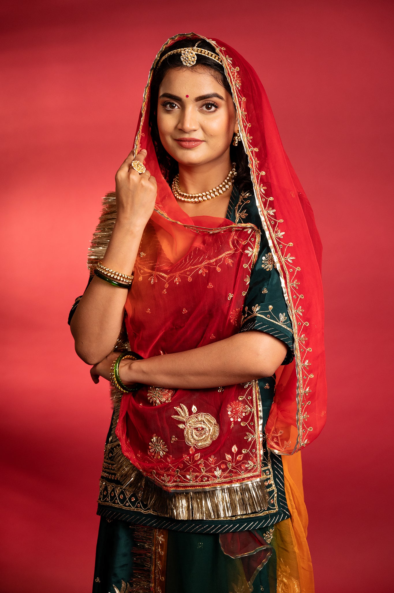 bottle green bamber satin aari zardozi handwork Rajputi Poshak  with Pure odhna