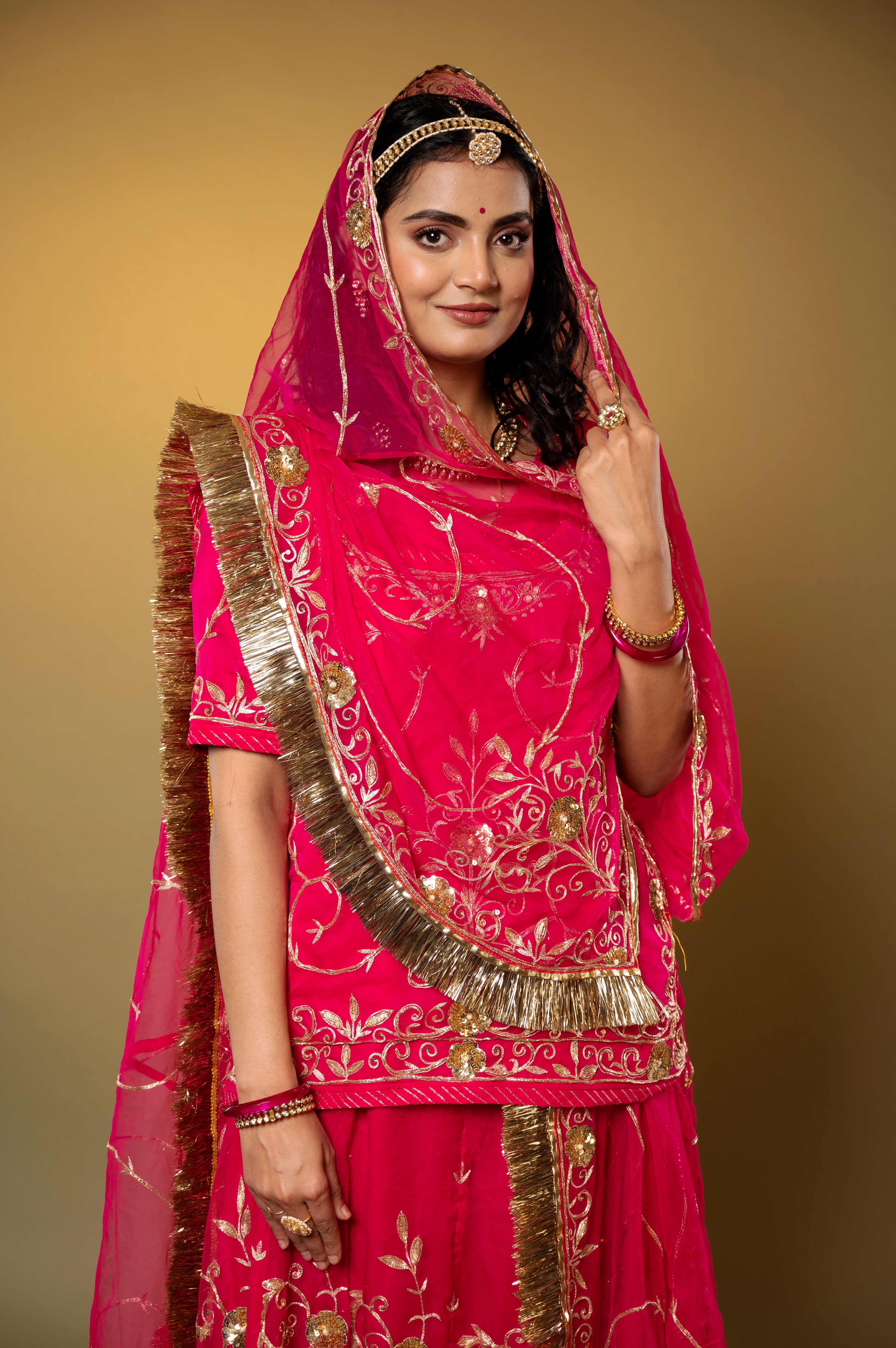 Cherry Red Bamber Satin Aari Sequins handwork Rajputi Poshak  with Pure odhna