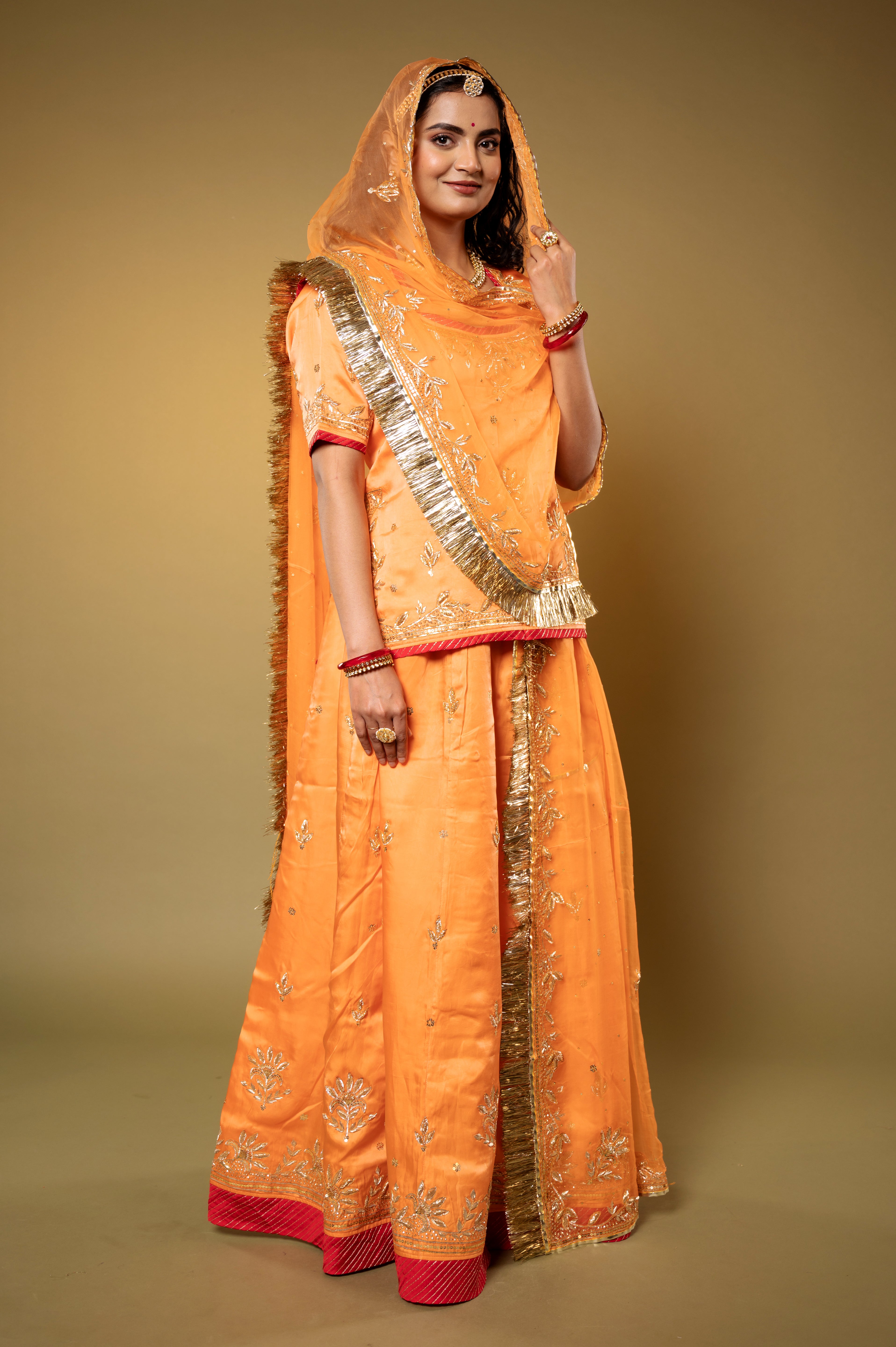 orange bamber satin sikhiya zardozi handwork Rajputi Poshak  with Pure odhna