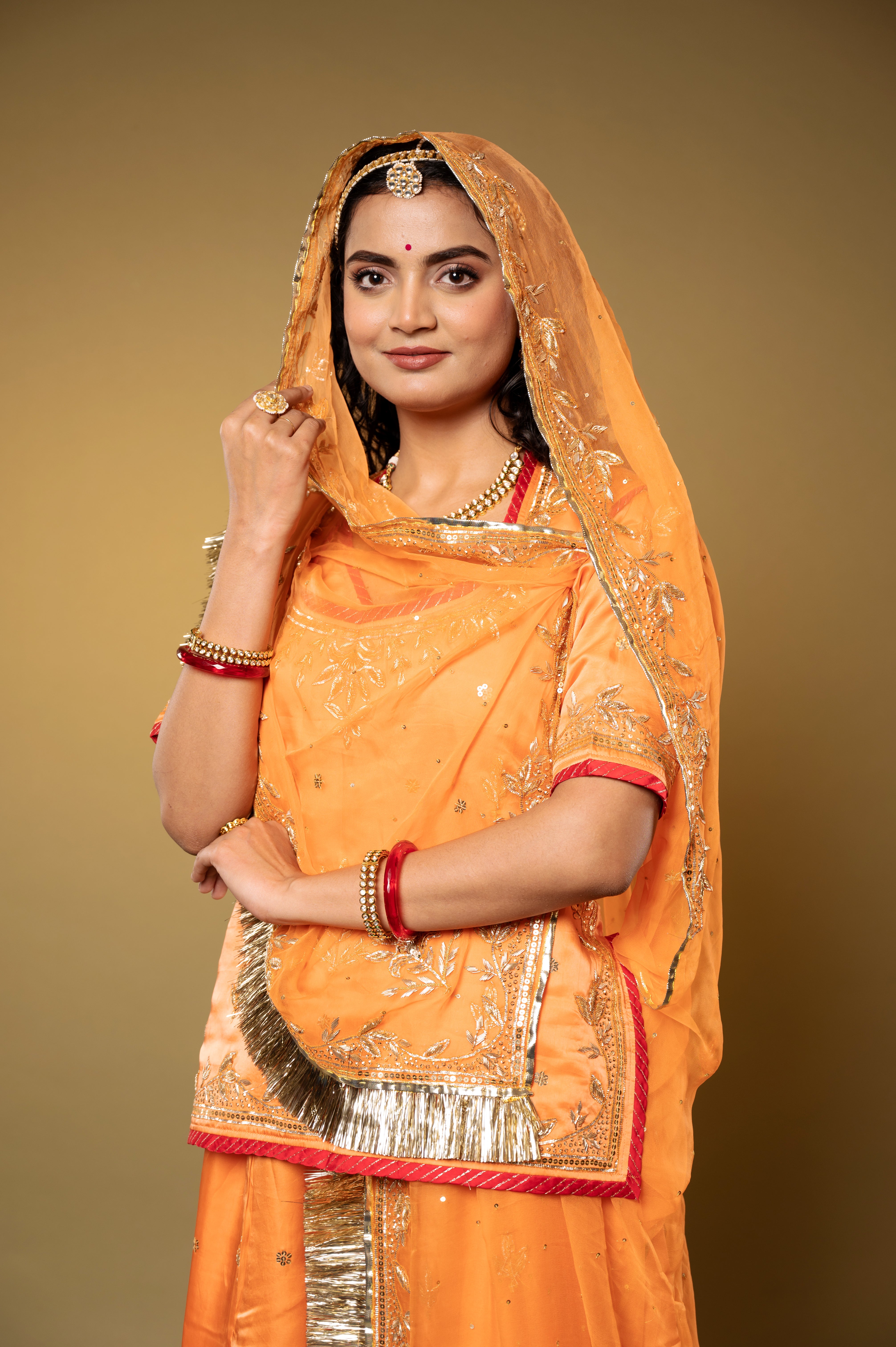 orange bamber satin sikhiya zardozi handwork Rajputi Poshak  with Pure odhna
