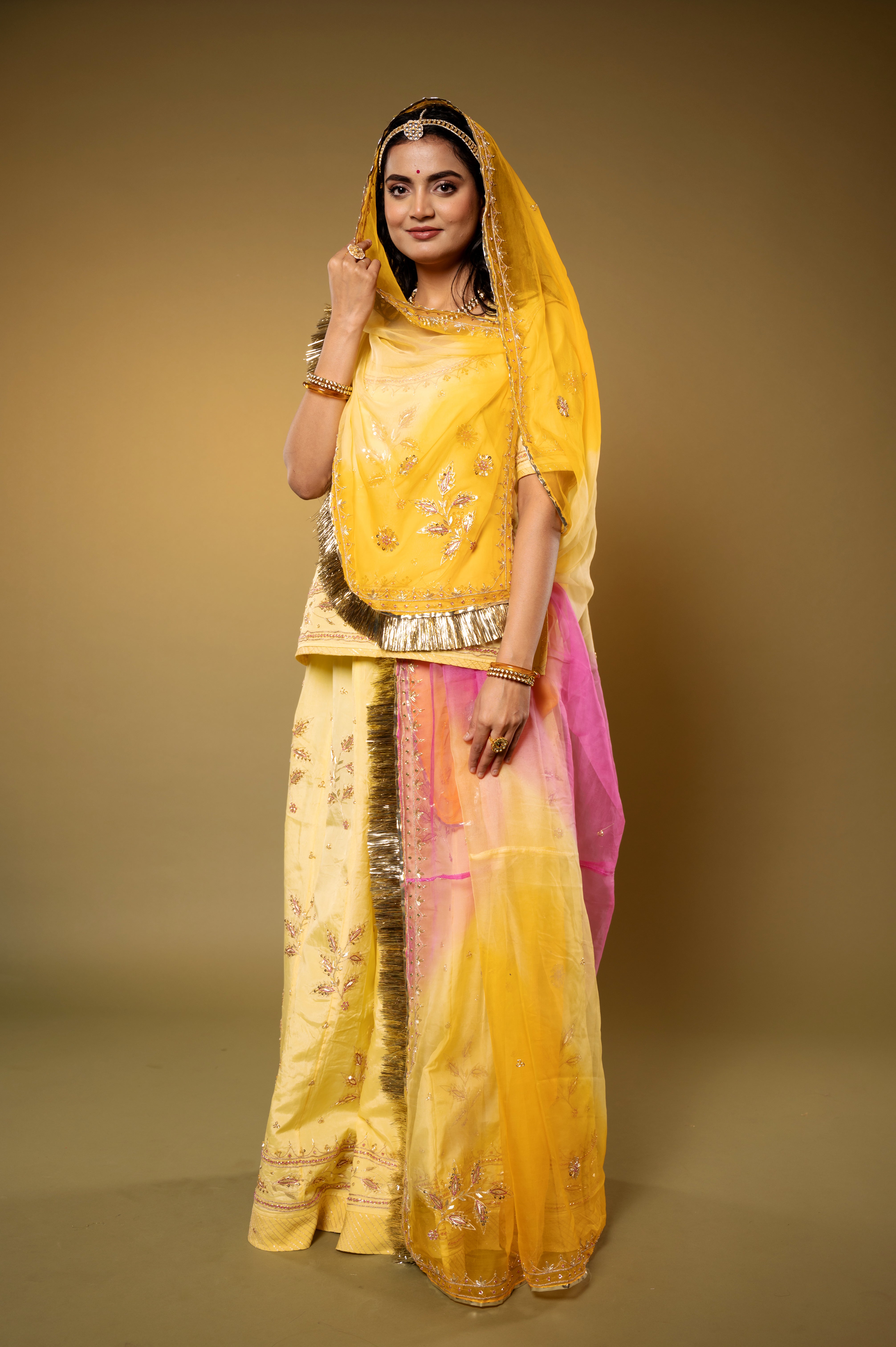 lemon yellow Crepe aari sequins zardozi handwork Rajputi Poshak  with Pure odhna