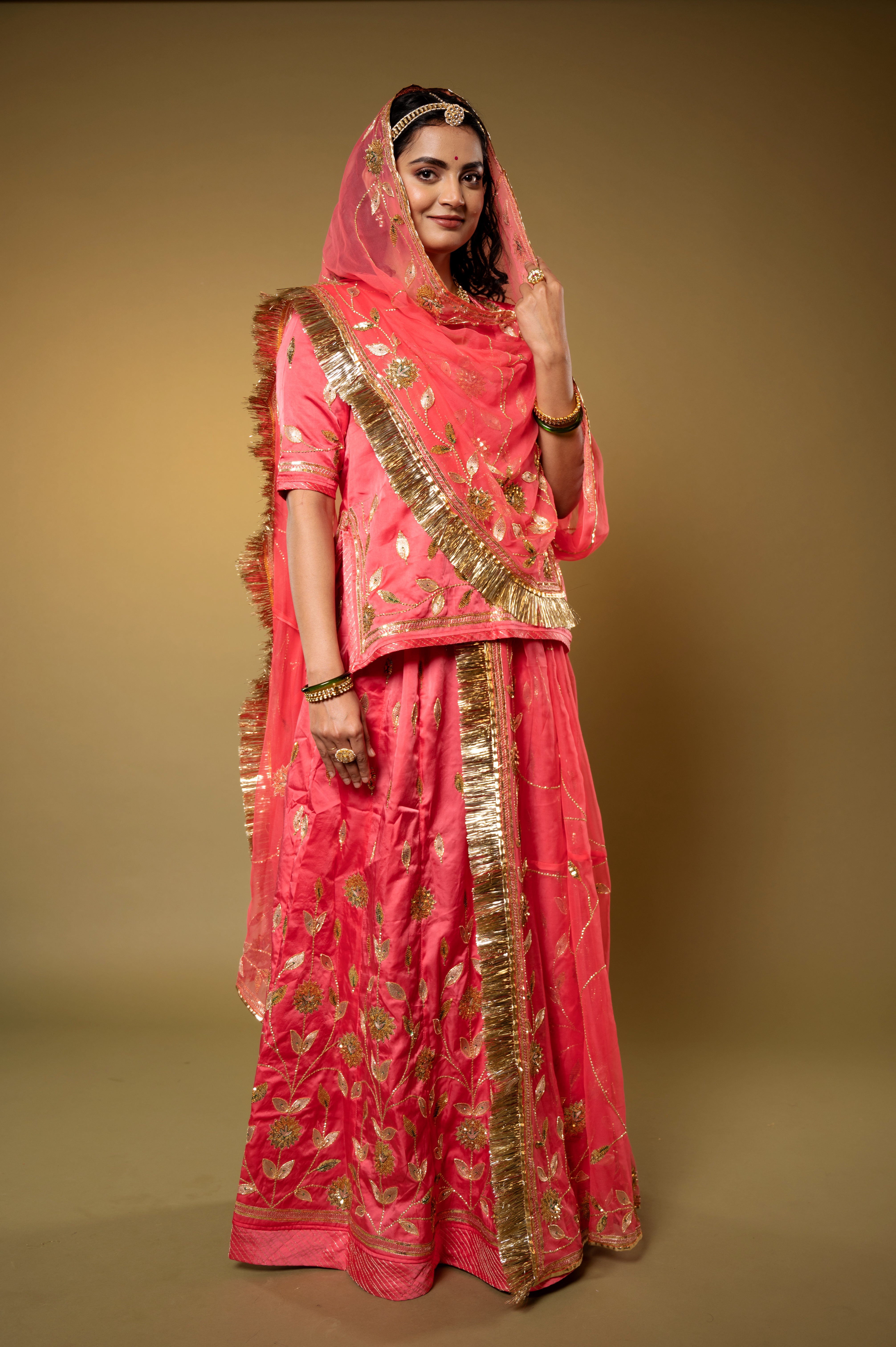 Coral  bamber satin Aari Sequins handwork Rajputi Poshak  with Pure odhna