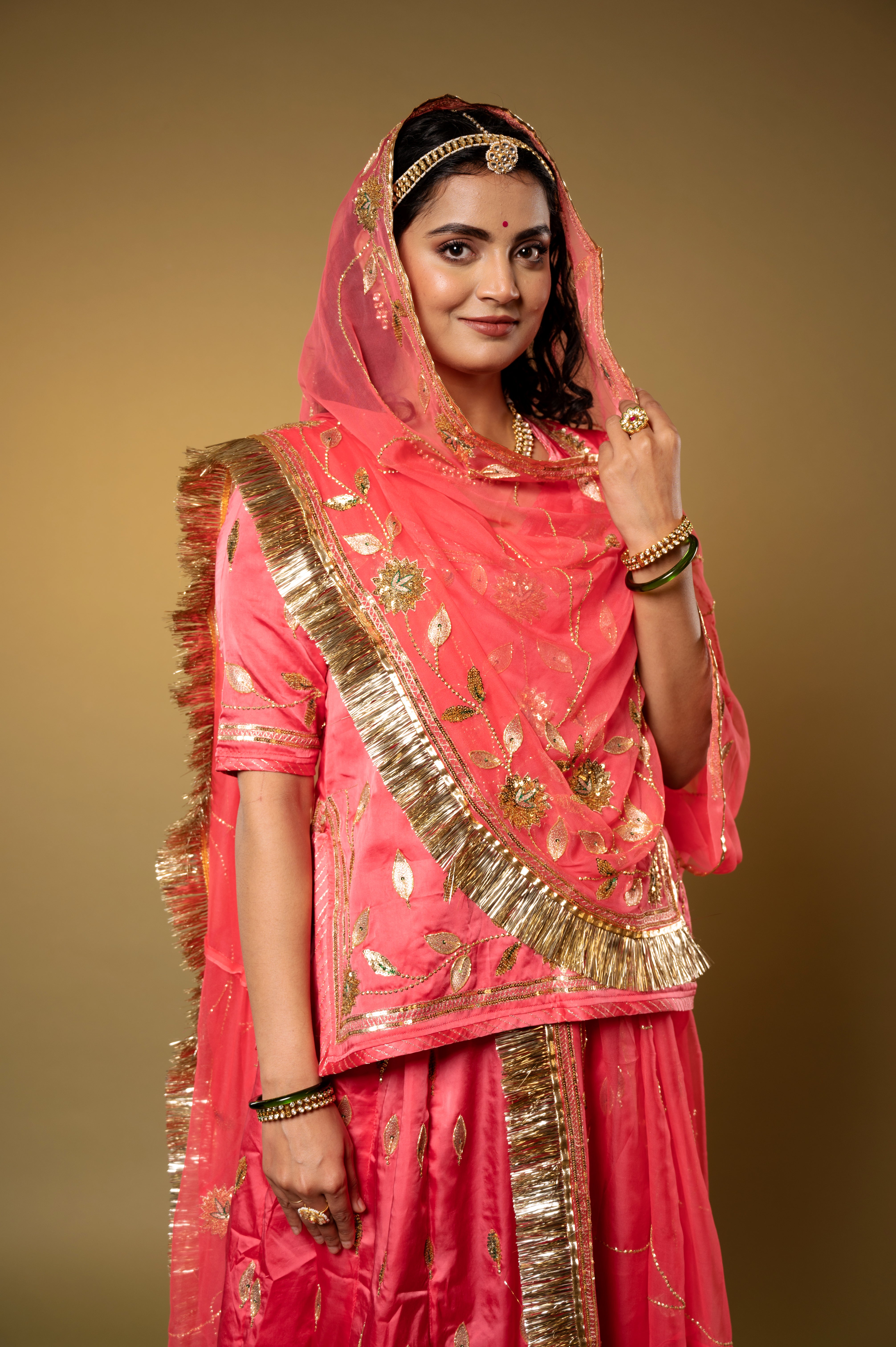 Coral  bamber satin Aari Sequins handwork Rajputi Poshak  with Pure odhna