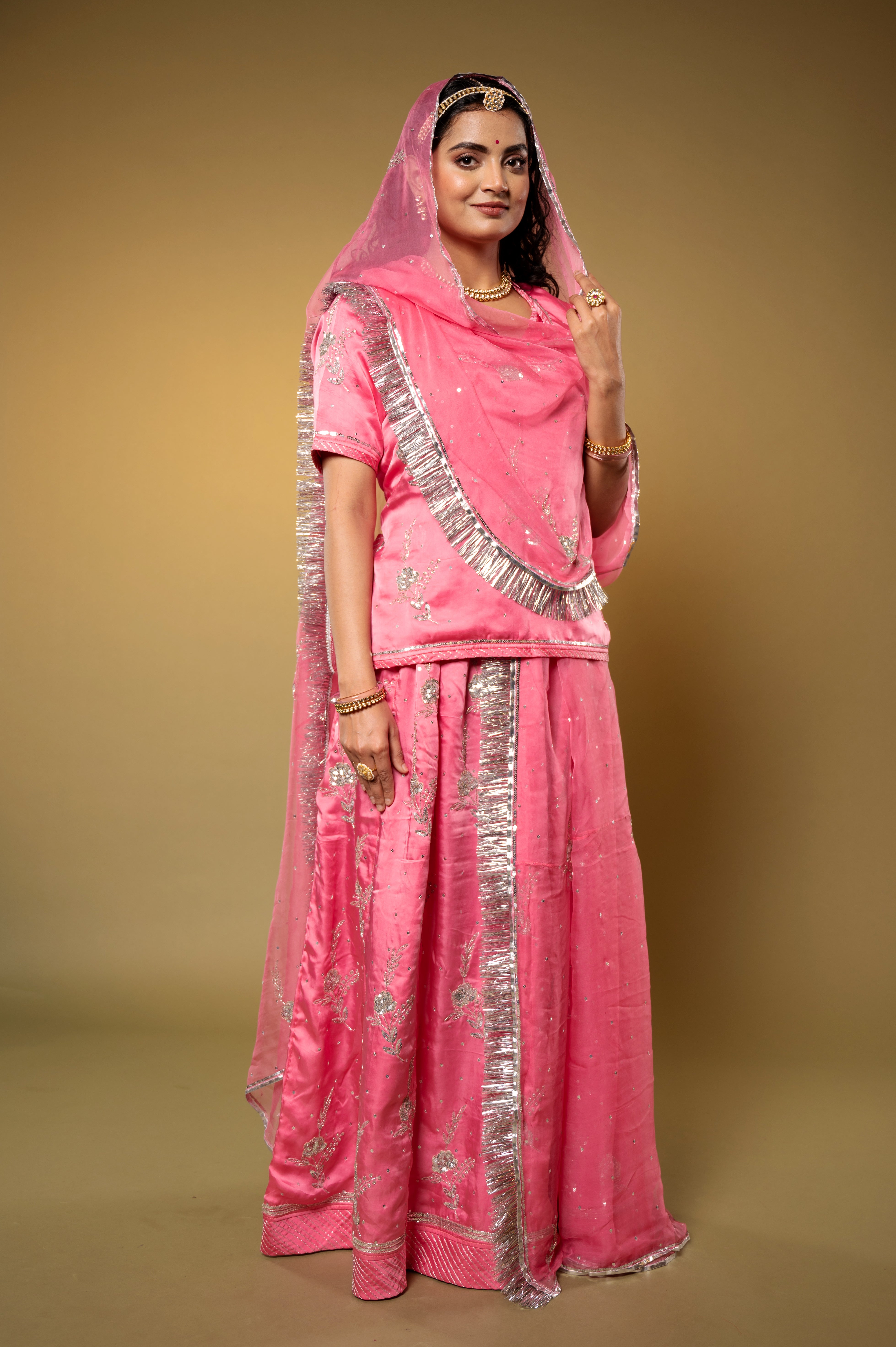 Pink bamber satin aari sequins kar dana handwork Rajputi Poshak  with Pure odhna