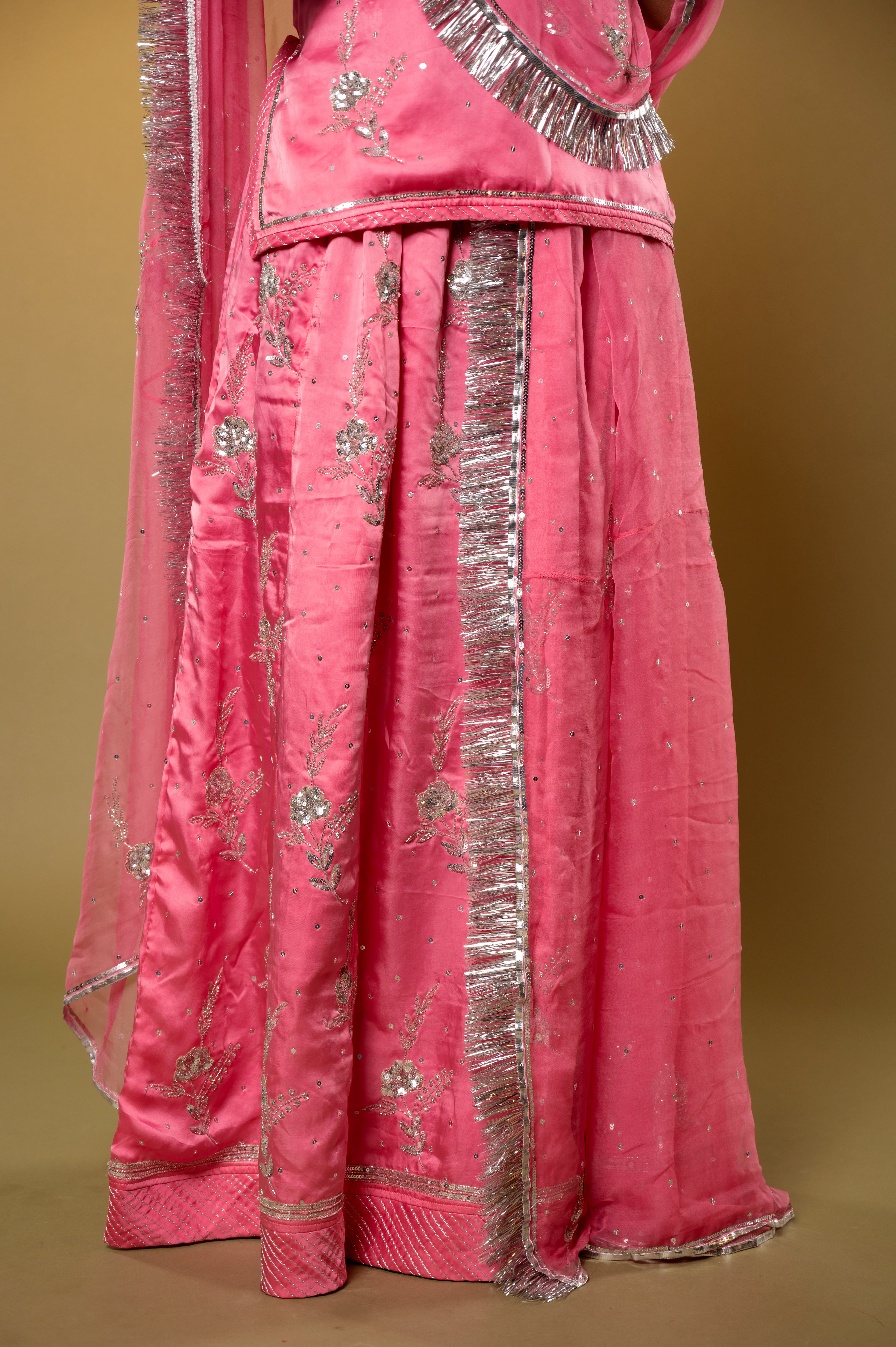 Pink bamber satin aari sequins kar dana handwork Rajputi Poshak  with Pure odhna