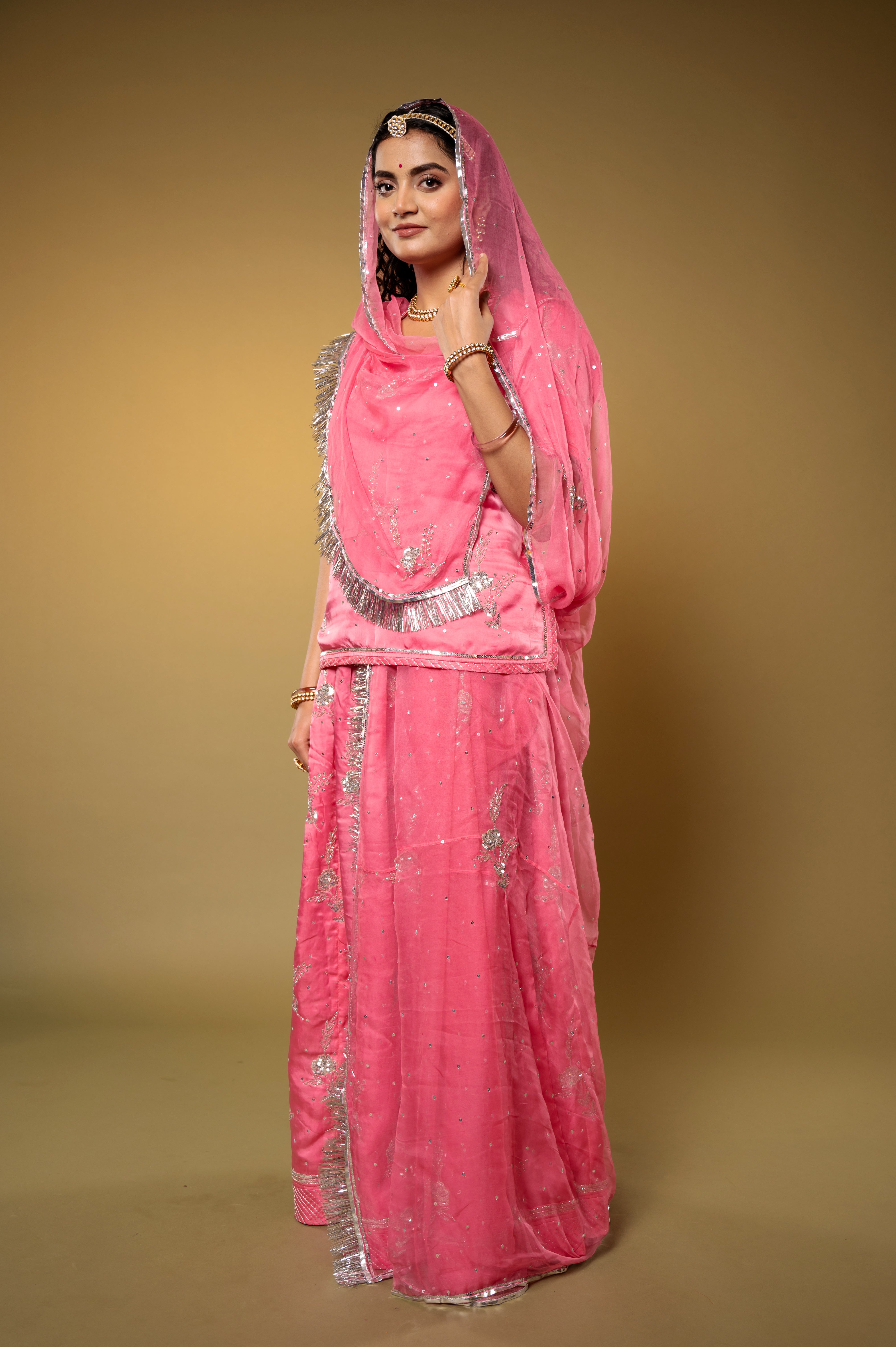 Pink bamber satin aari sequins kar dana handwork Rajputi Poshak  with Pure odhna