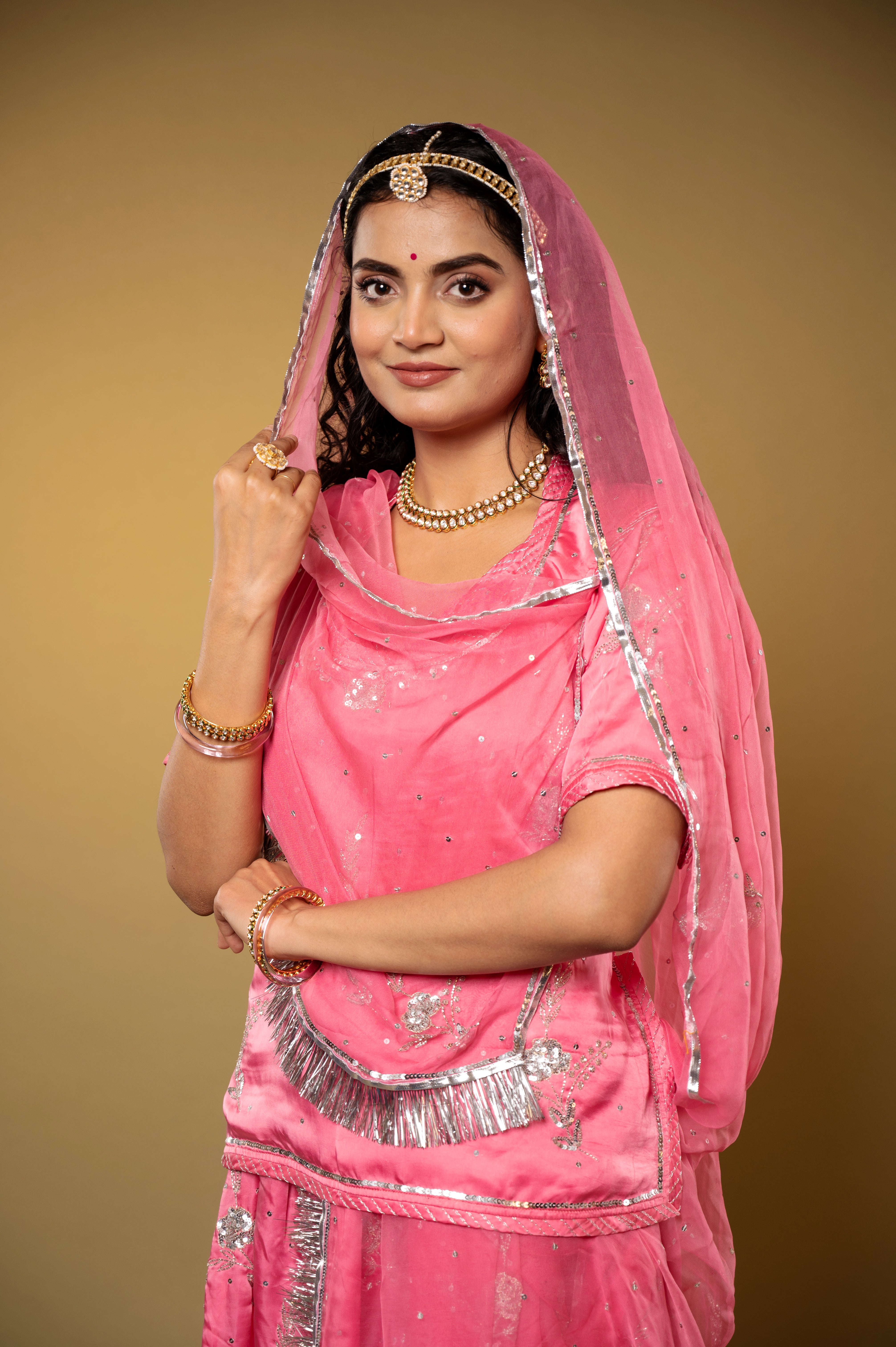 Pink bamber satin aari sequins kar dana handwork Rajputi Poshak  with Pure odhna