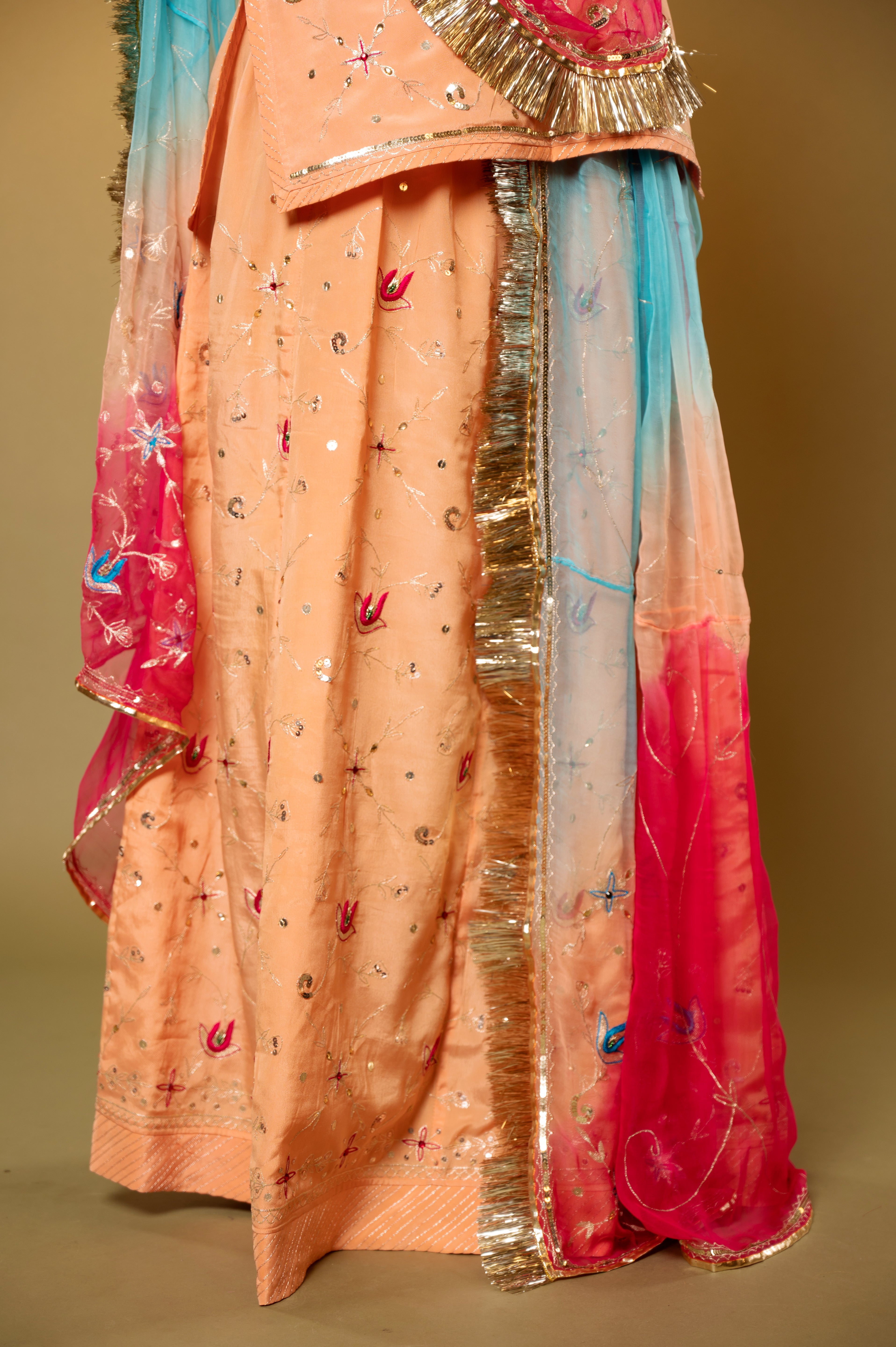 Peach Crepe aari sequins handwork Rajputi Poshak  with Pure odhna