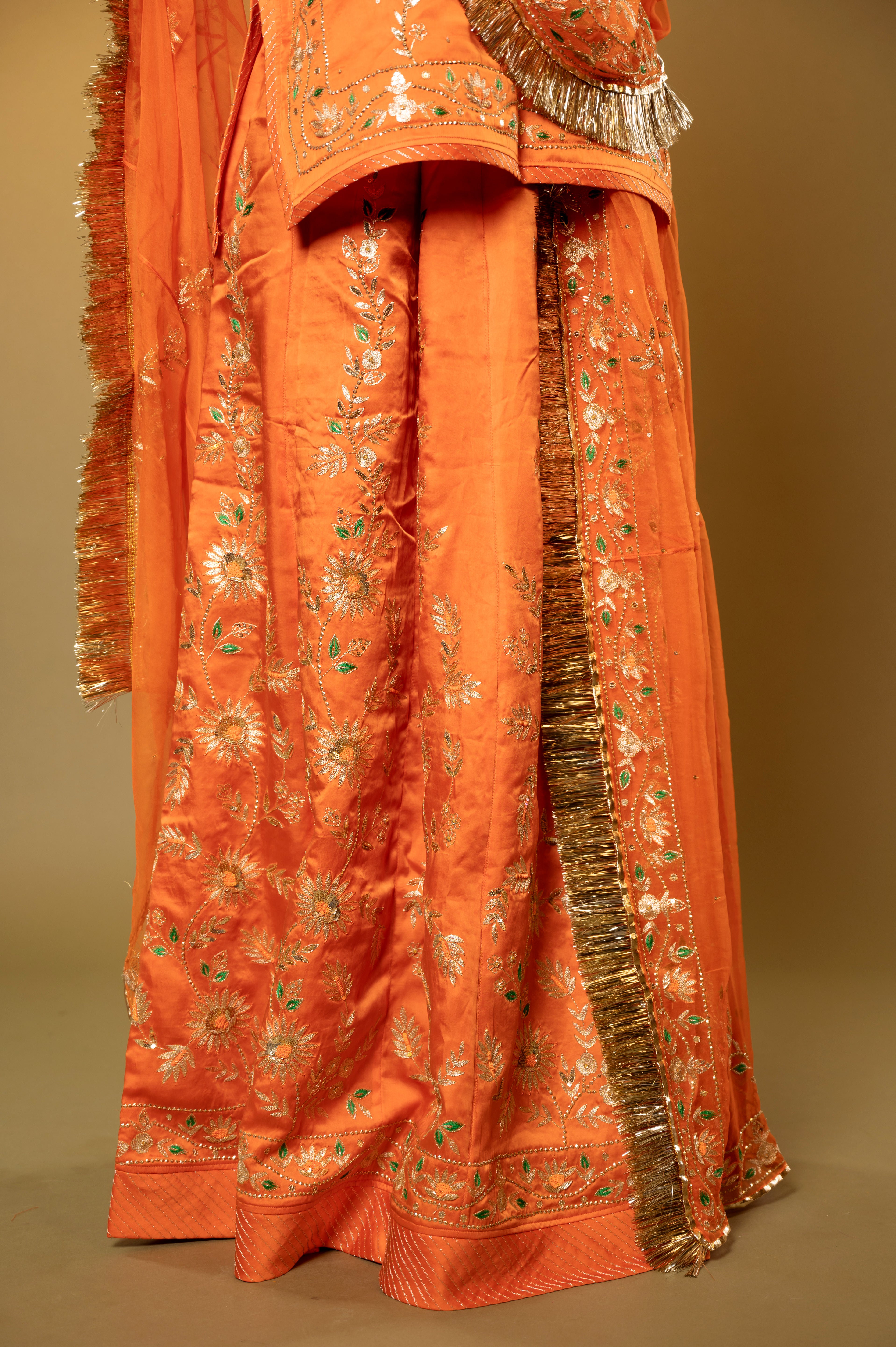 Rust Orange Bamber Satin Aari Sequins handwork Rajputi Poshak  with Pure odhna