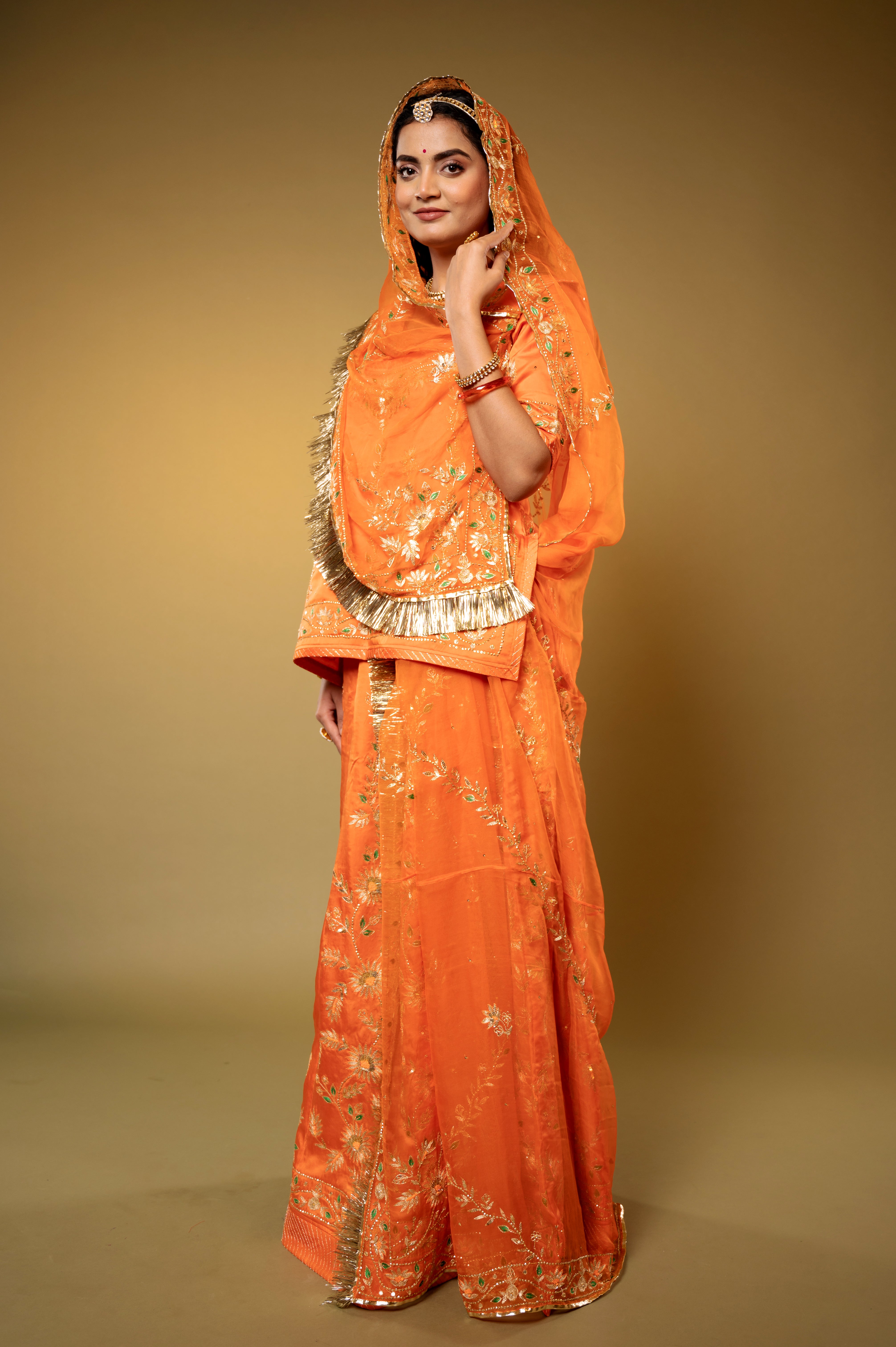 Rust Orange Bamber Satin Aari Sequins handwork Rajputi Poshak  with Pure odhna