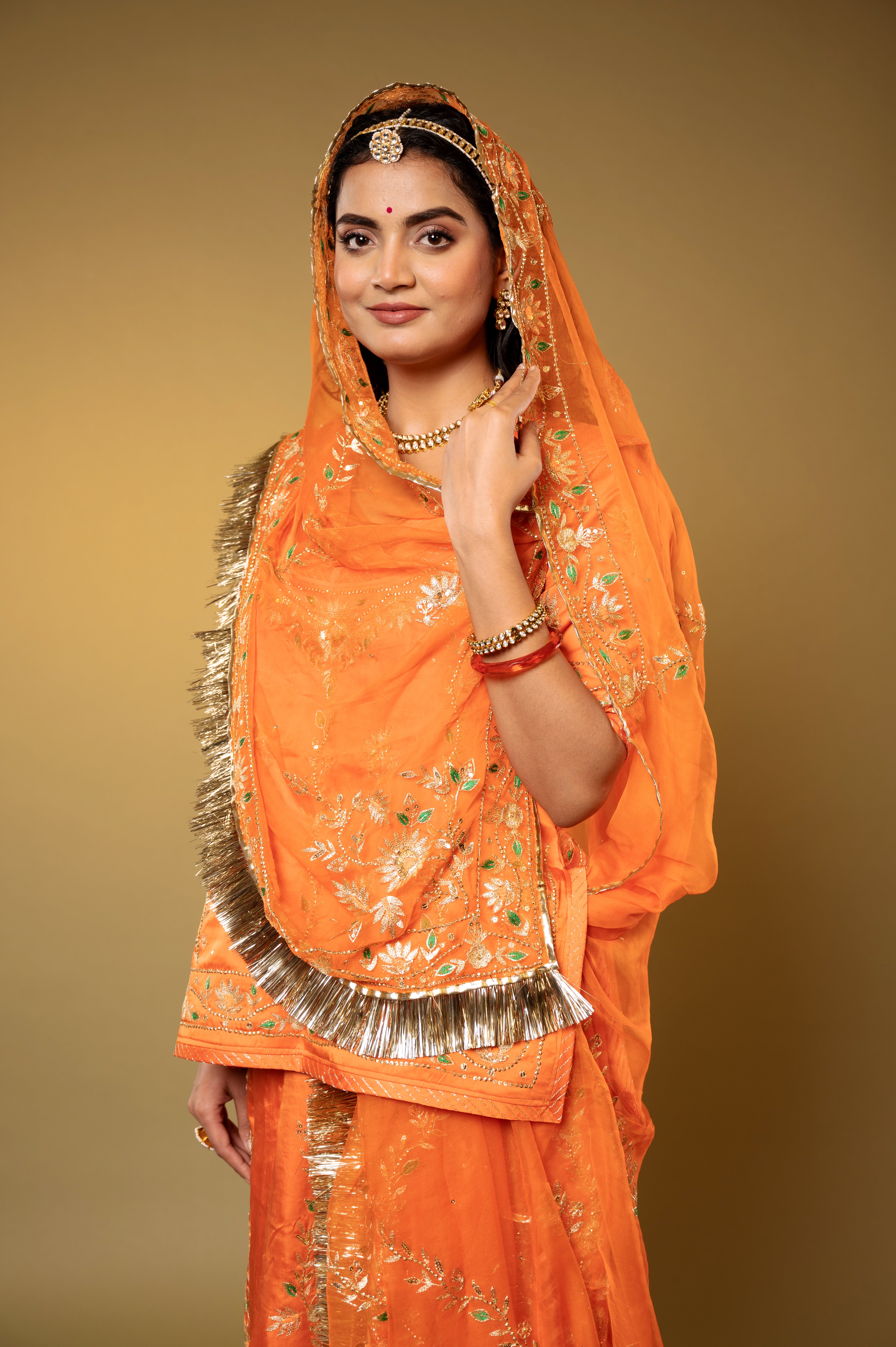 Rust Orange Bamber Satin Aari Sequins handwork Rajputi Poshak  with Pure odhna