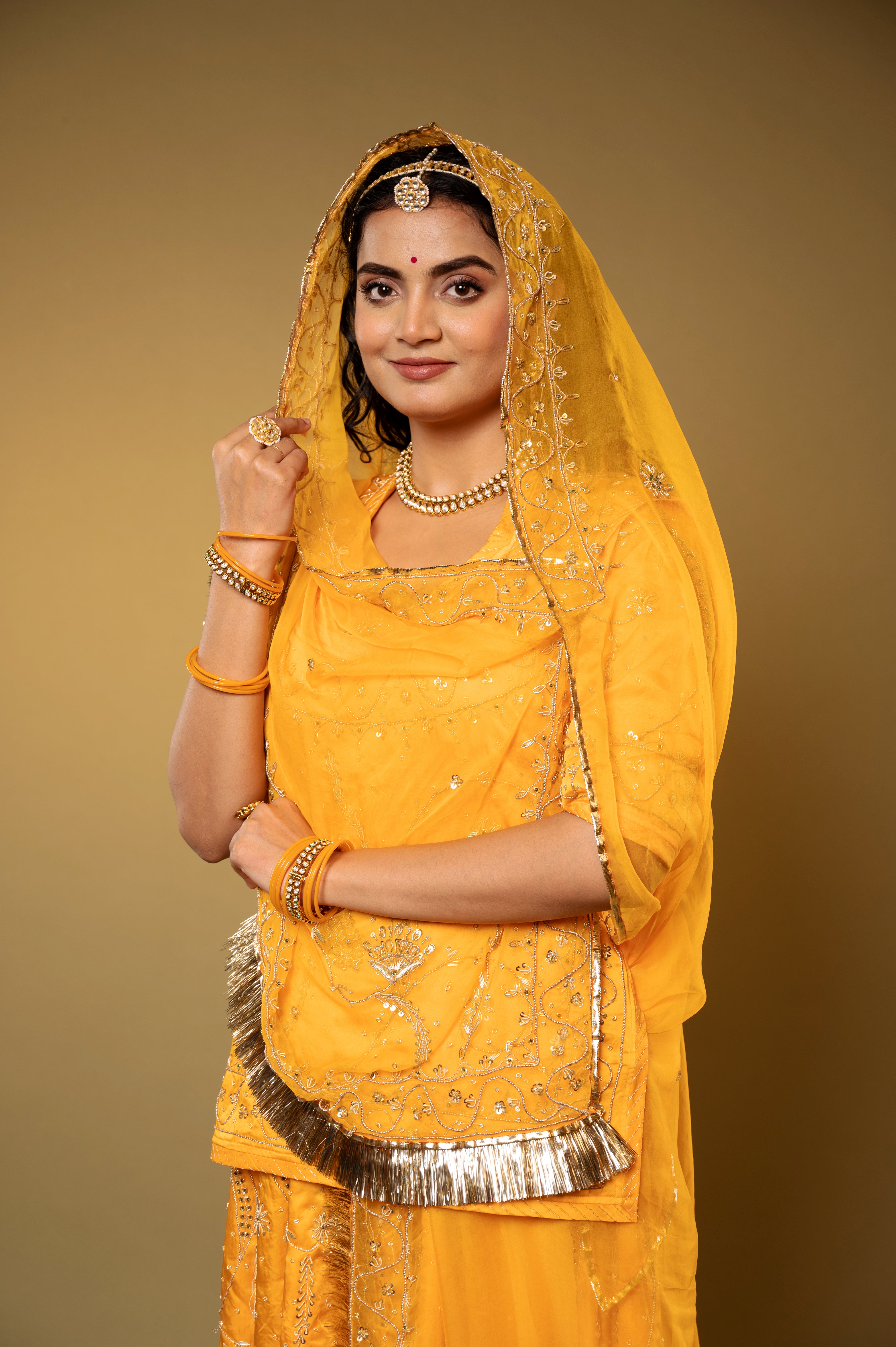 Yellow Bamber Satin Zardozi  handwork Rajputi Poshak  with Pure odhna