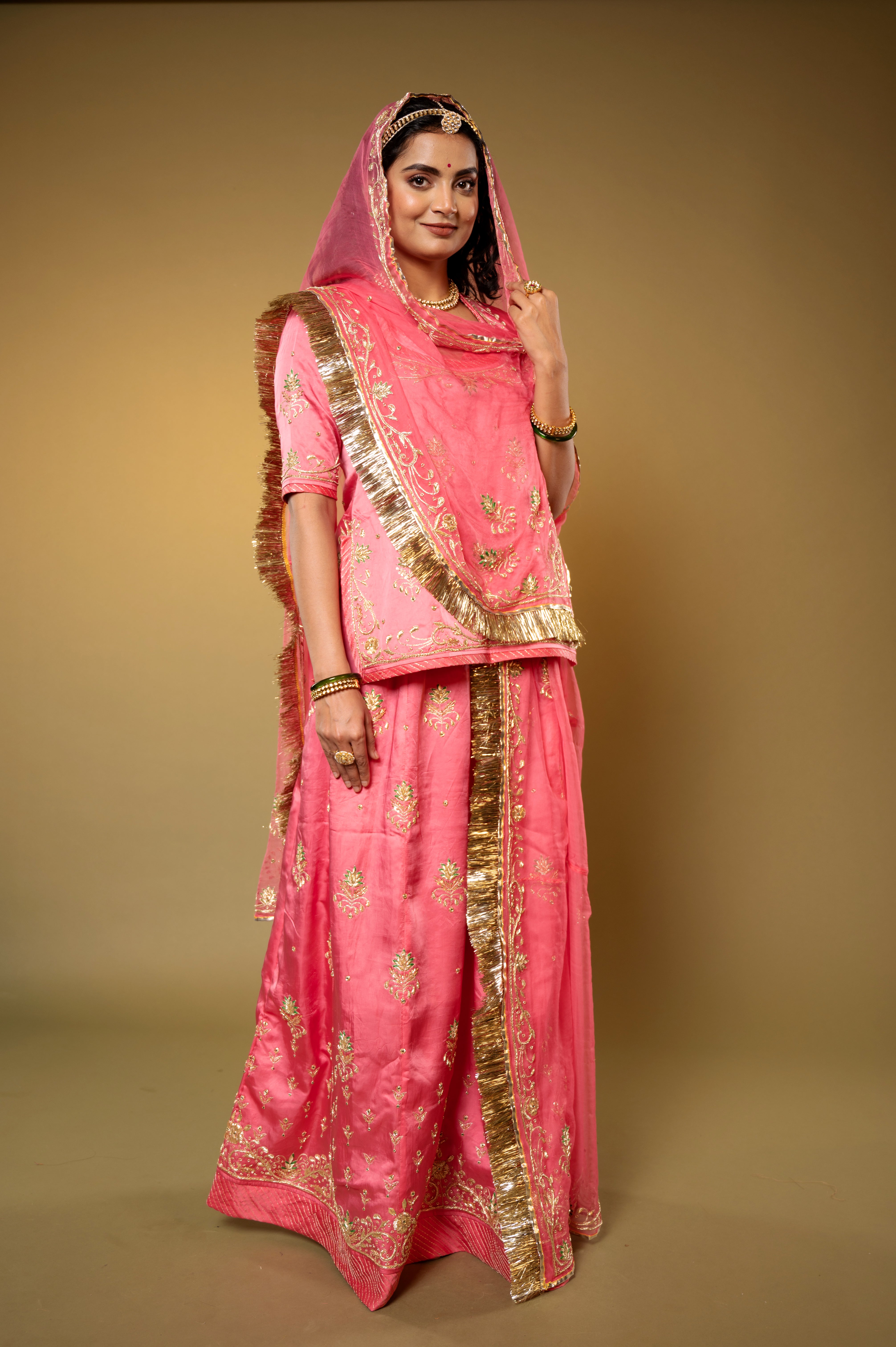 gajri bamber satin aari zardozi handwork Rajputi Poshak  with Pure odhna