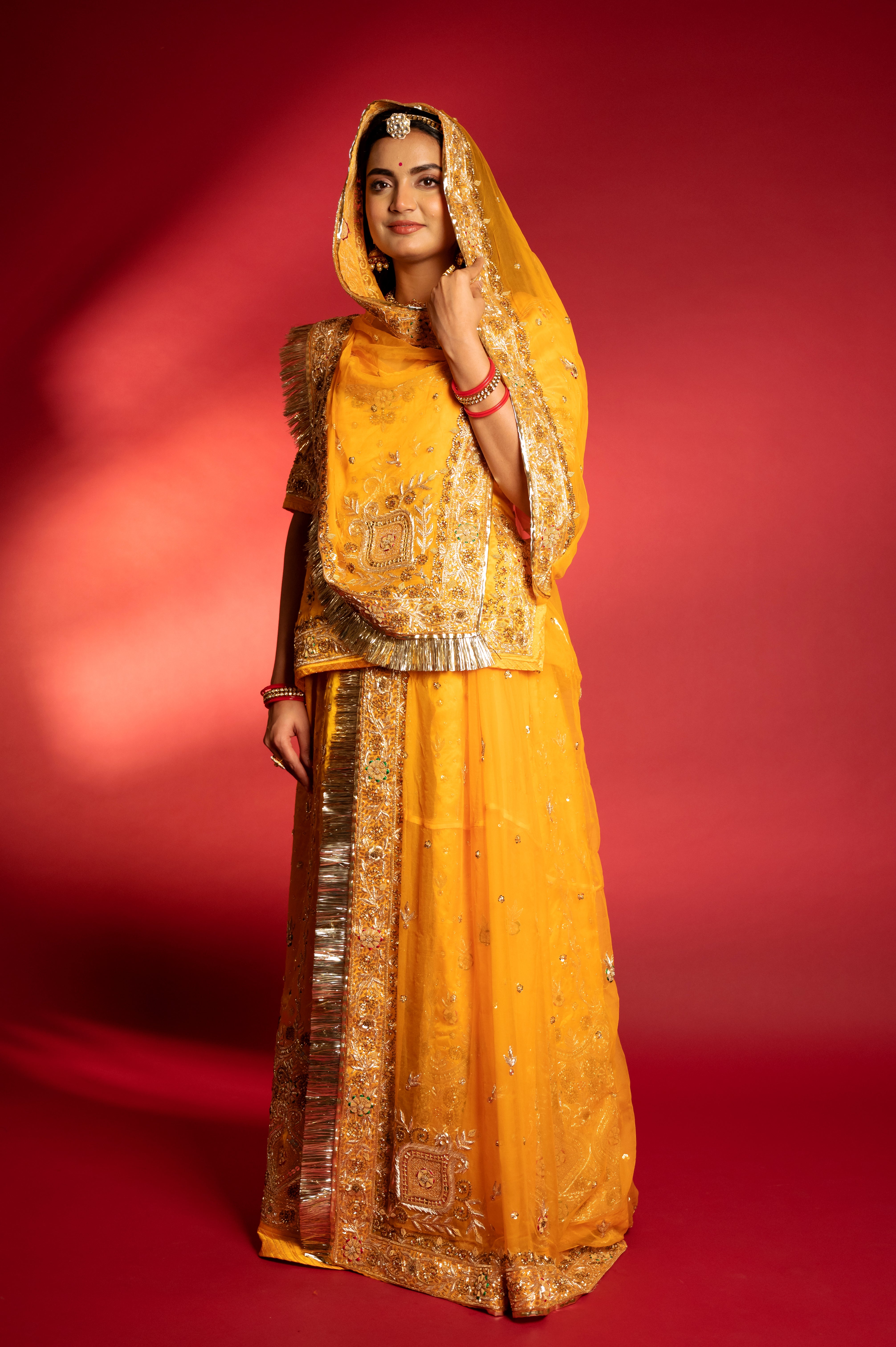 Yellow Pure Silk Satin aari zardozi handwork Rajputi Poshak  with Pure odhna