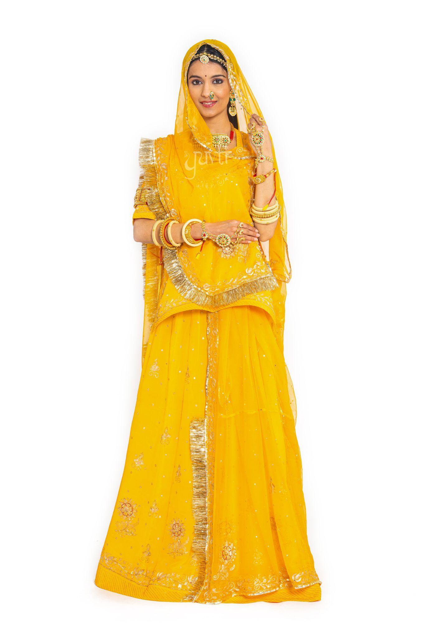 yellow Crepe aari sequins handwork poshak with pure odhna