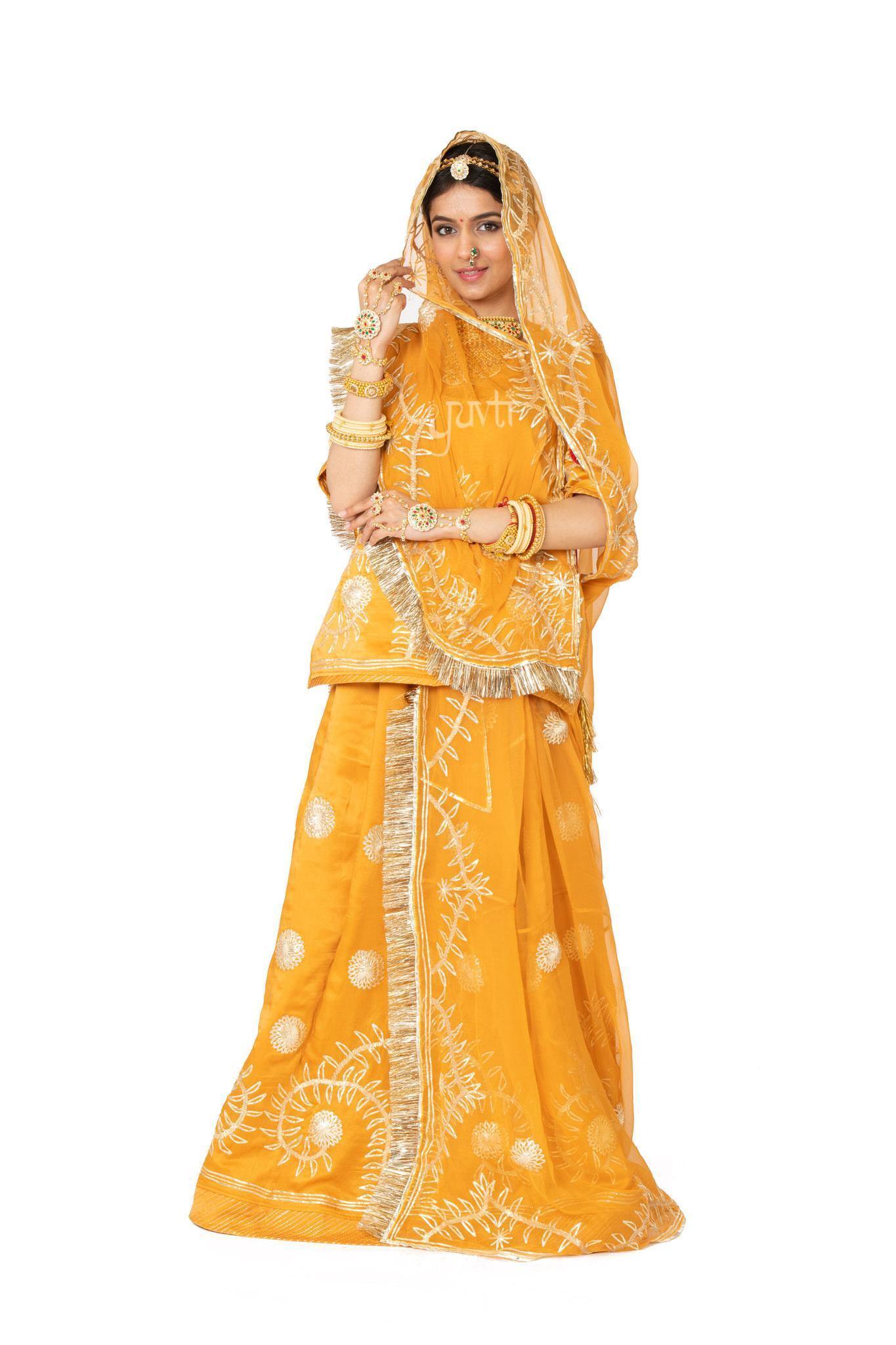 light mustard bamber satin Sikhiya Gota handwork poshak with pure odhna