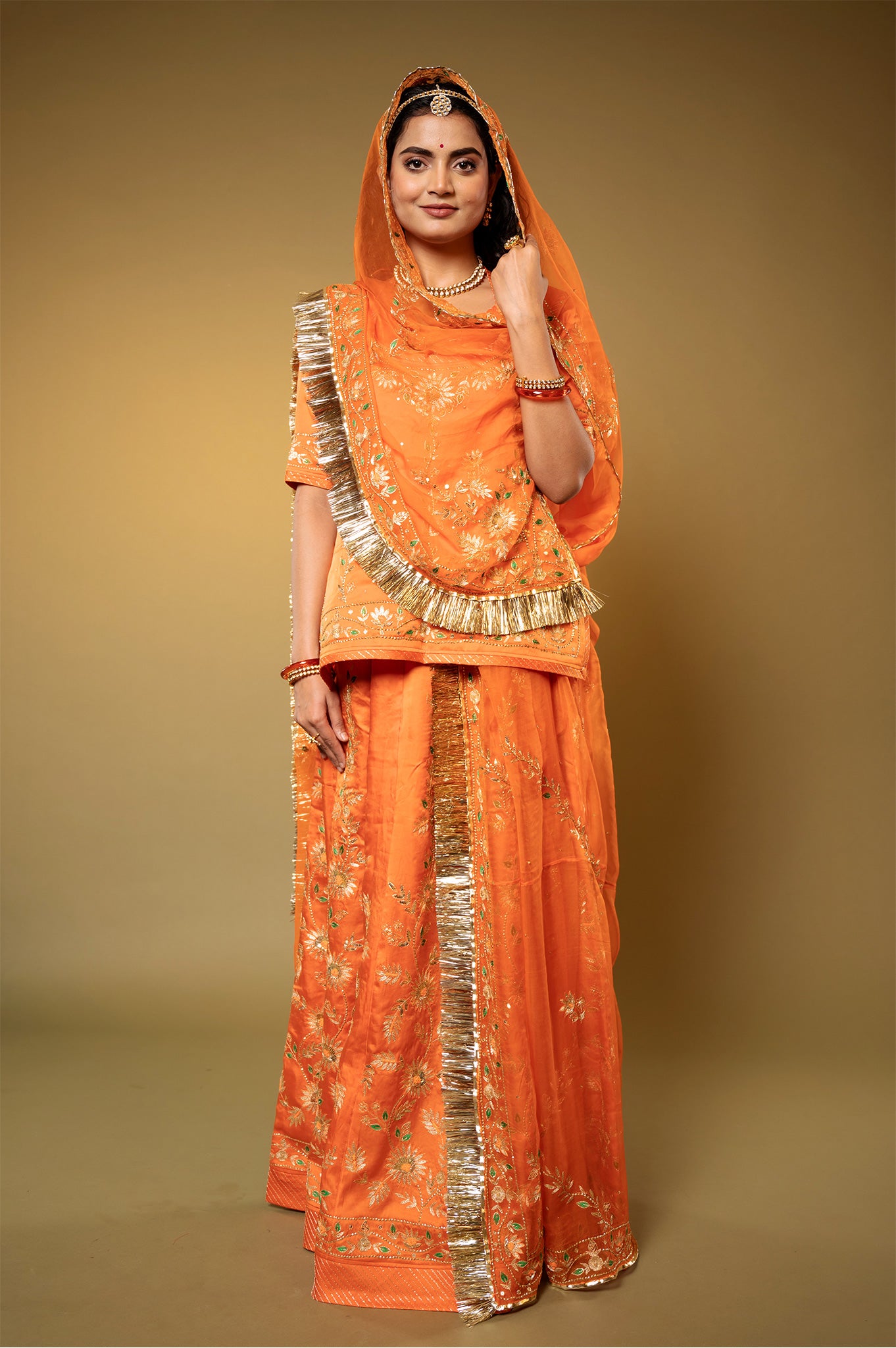 Rust Orange Bamber Satin Aari Sequins handwork Rajputi Poshak  with Pure odhna