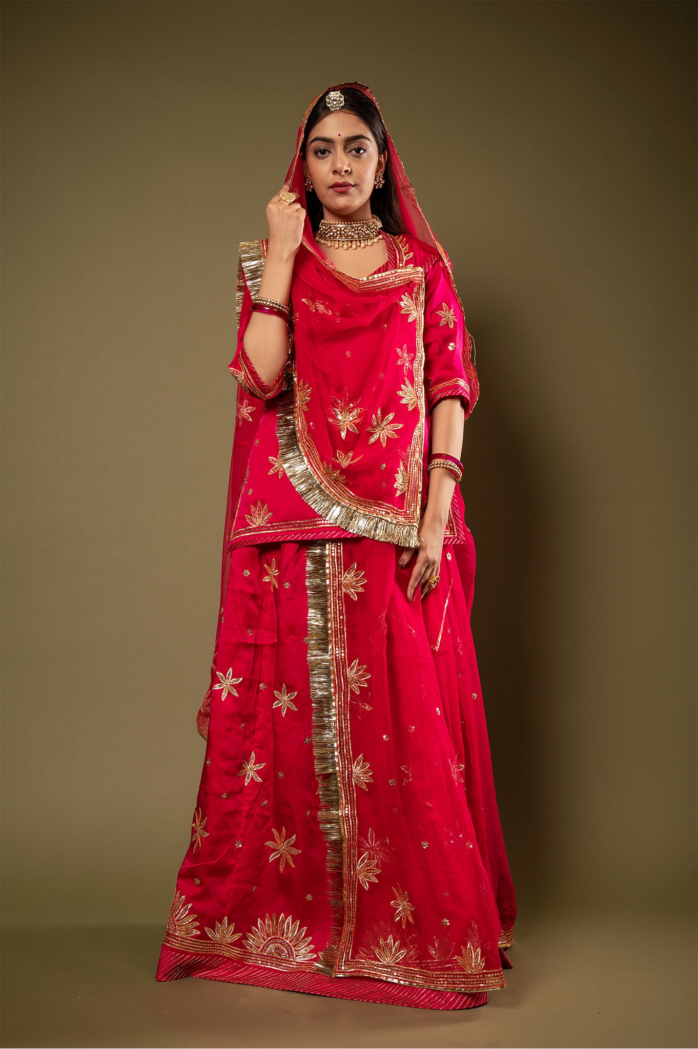 Gajri bamber satin Sikhiya Gotta  handwork Rajputi Poshak  with Pure odhna