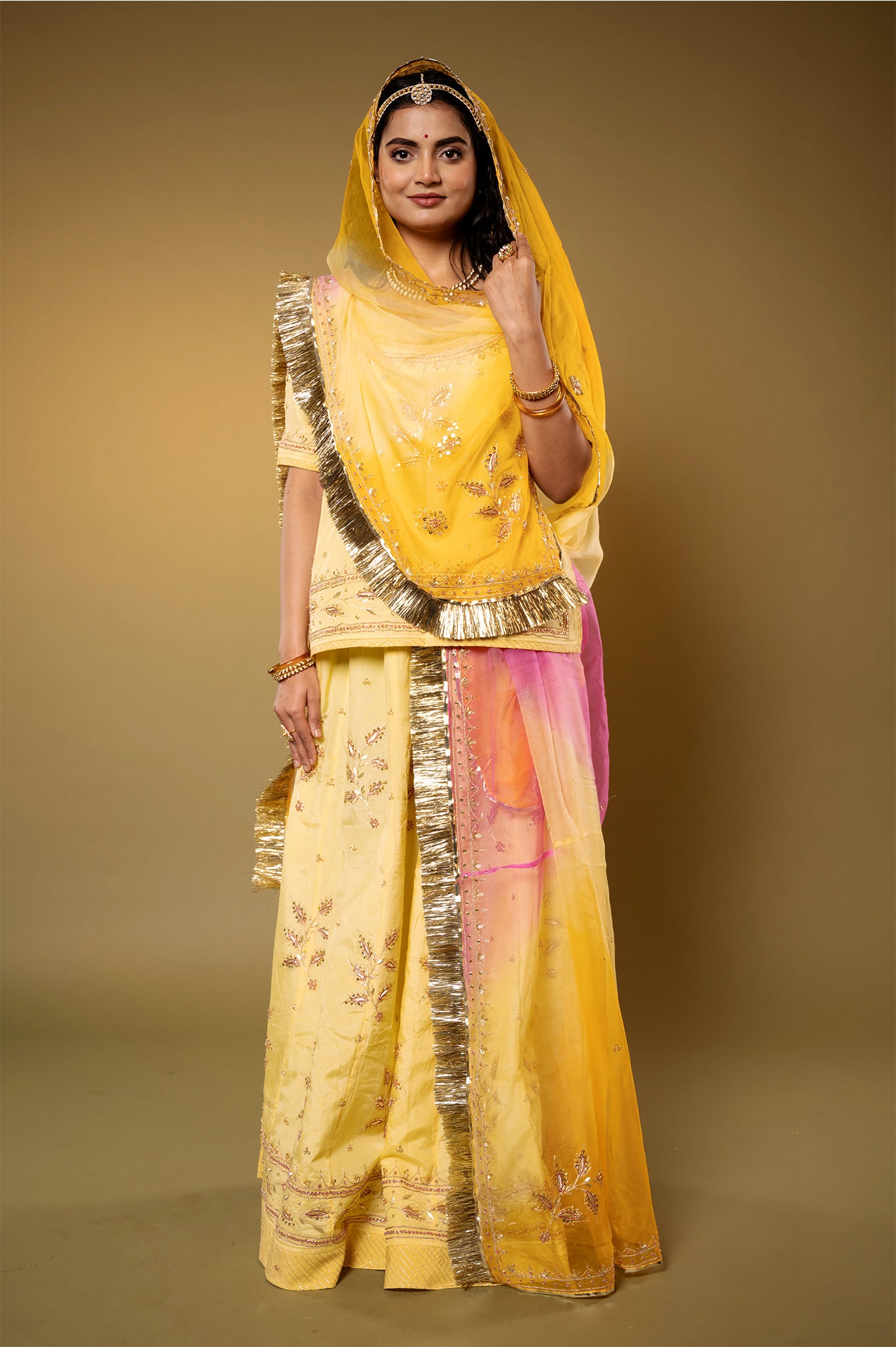 lemon yellow Crepe aari sequins zardozi handwork Rajputi Poshak  with Pure odhna