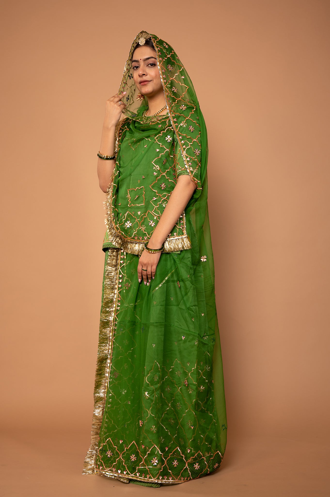 Green Pure Silk Satin Real Silver Sikhiya Handwork Rajputi Poshak  with Pure odhna