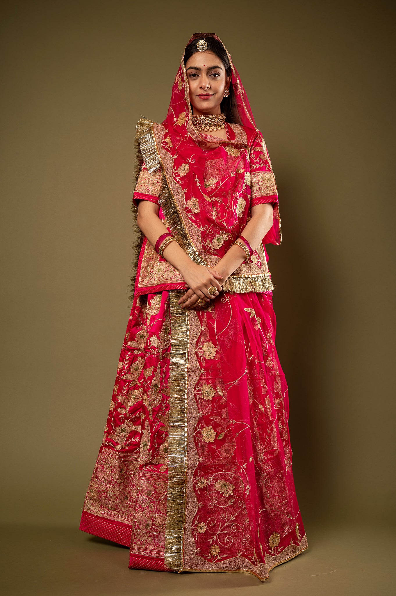 Red Pure Silk Satin Real Silver Chanderi Handwork Rajputi Poshak  with Pure odhna